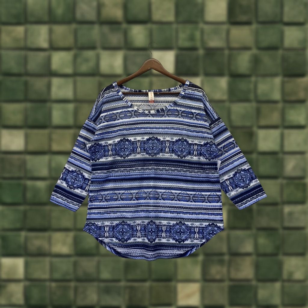 Vintage No Boundaries Blue Open Knit 3/4 Top Juniors Womens XL Blouse Knit Shirt Geometric Open Print NWT-9951 Size XL / US 12-14 / IT 48-50 - 1 Thumbnail