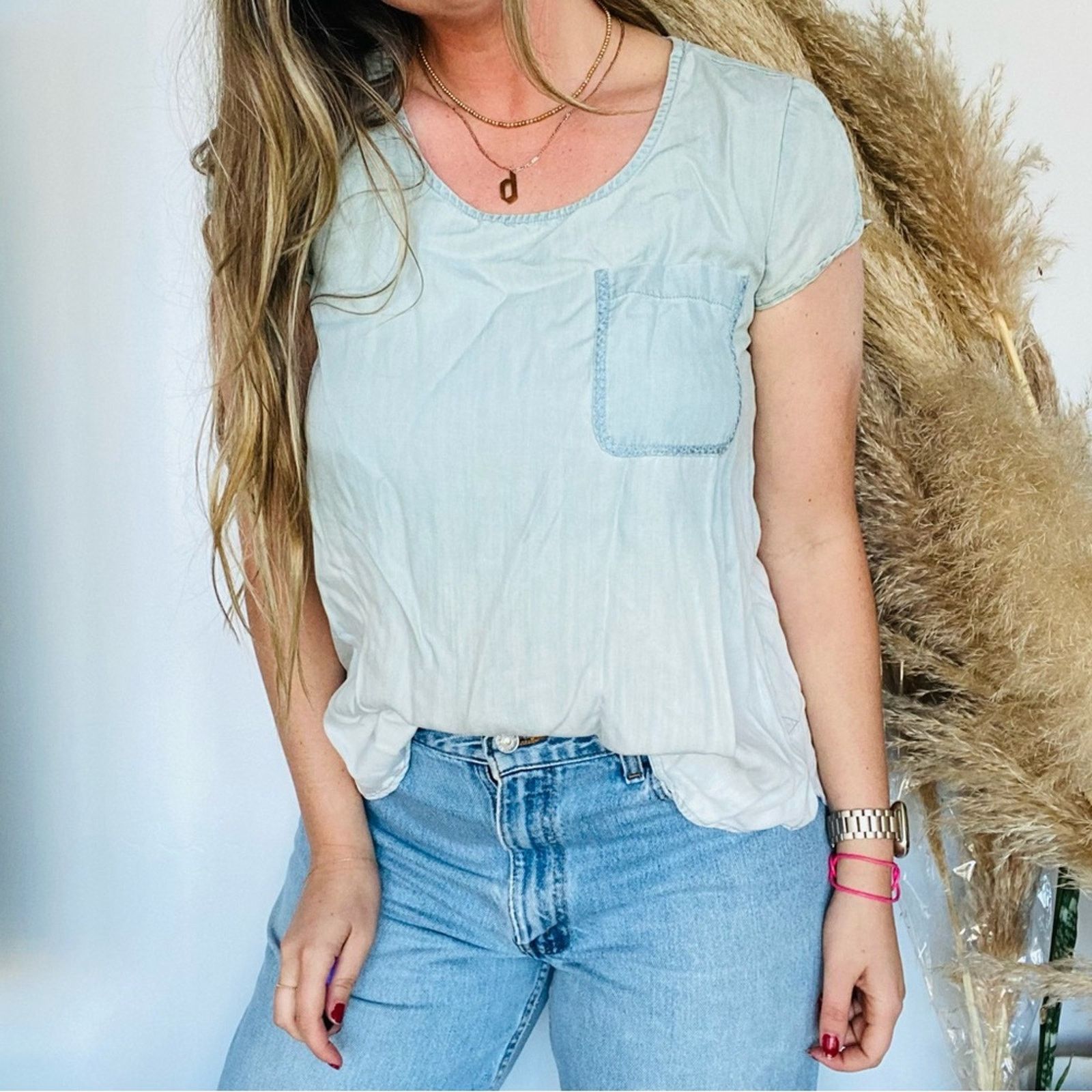 Anthropologie ANTHROPOLOGIE Blue Chambray Ombre Denim Tee Shirt Blouse Top Size S / US 4 / IT 40 - 1 Thumbnail