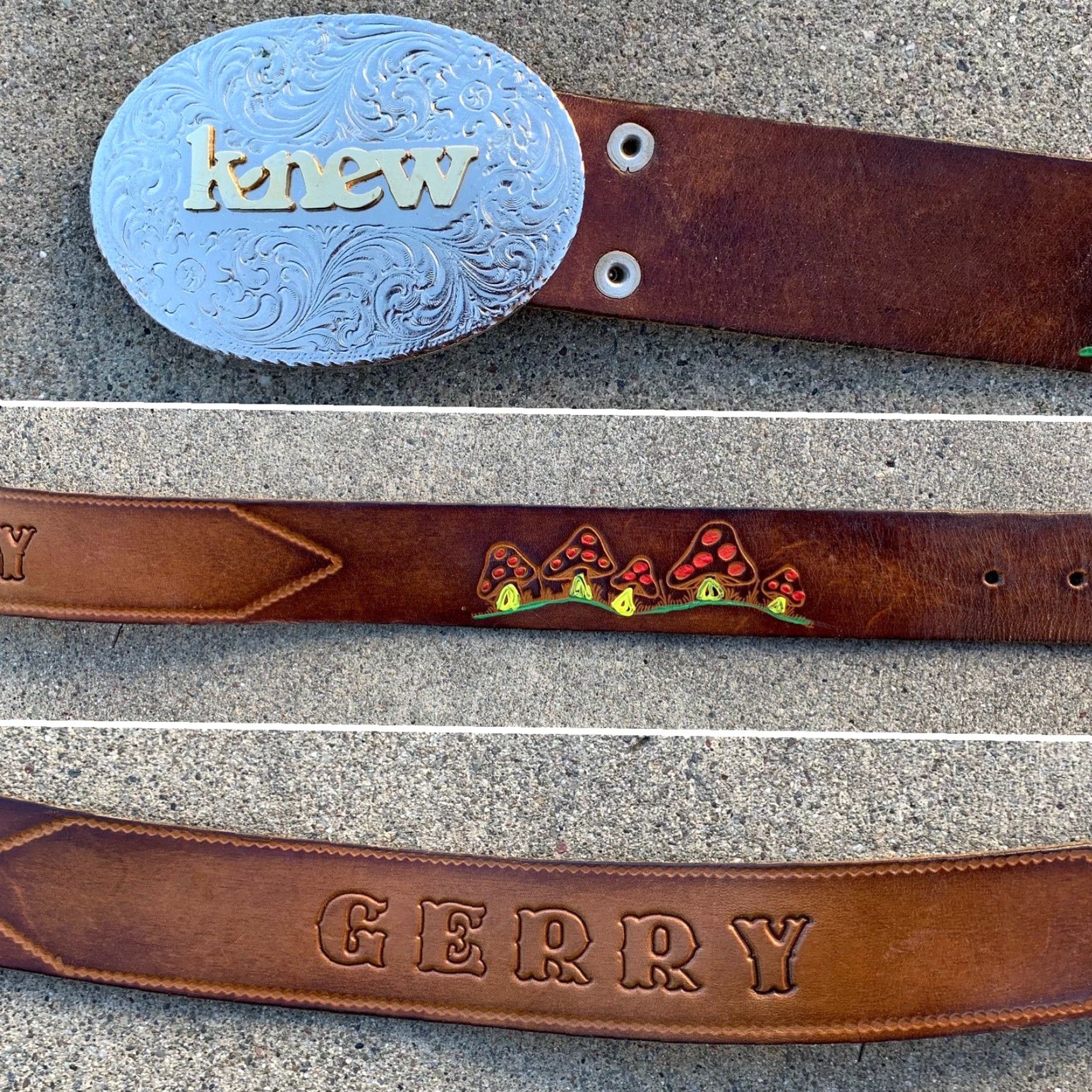 Vintage VINTAGE tooled leather belt 60s 70s painted mushroom theme GERRY k-new buckle M adult unisex Brown leather belt Size ONE SIZE - 3 Thumbnail