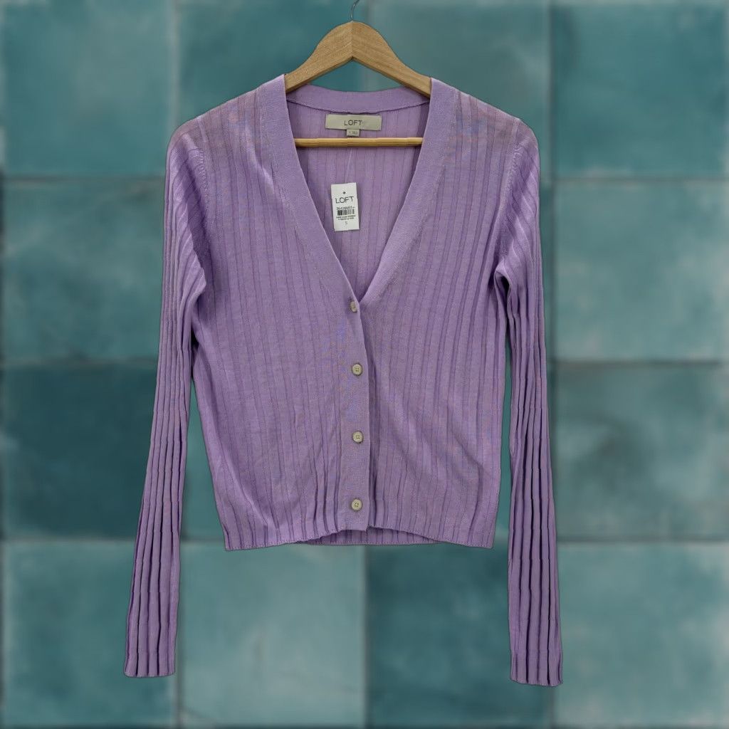 Loft LOFT Cardigan Sweater Womens Small Purple Ribbed Button Front V Neck Preppy NWT Size S / US 4 / IT 40 - 1 Thumbnail