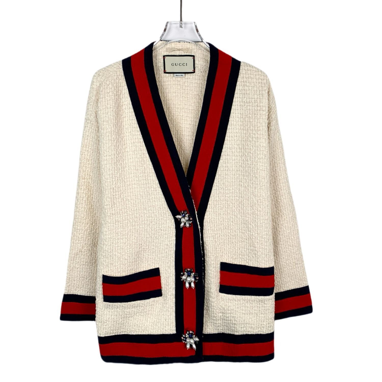 Gucci Gucci Ivory Tweed V-Neck Cardigan Coat With Red & Navy Strip Size XXS / US 00 / IT 34 - 1 Thumbnail