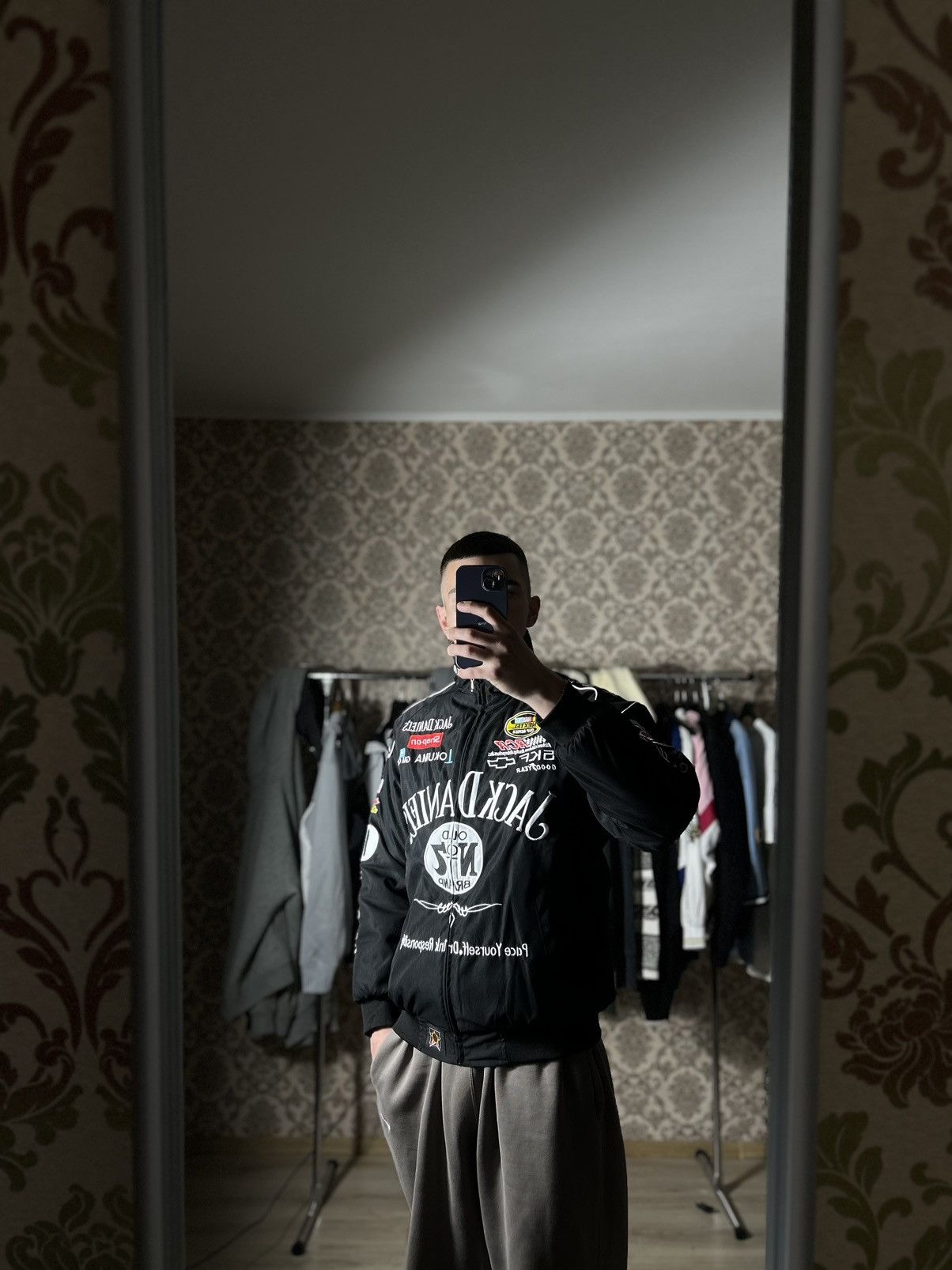 image of Vintage Racing Jacket Jack Daniels 90's Big Logo Black, Men's (Size Medium)