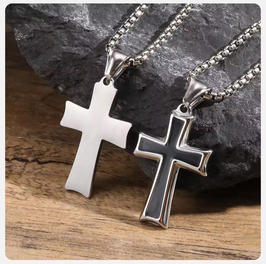 Jewelry Gothic Black Enamel Inlay Cross Pendant Necklace Size ONE SIZE - 3 Thumbnail