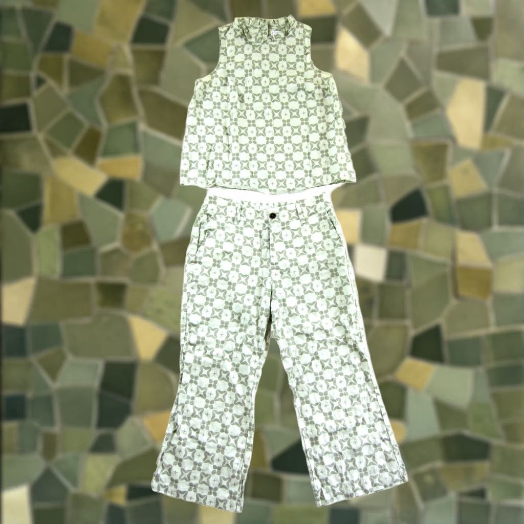 Vintage Society Social Crown & Ivy 100% Linen Green Wide-Leg Pant 8 Sleeveless Blouse M Set Size M / US 6-8 / IT 42-44 - 1 Thumbnail