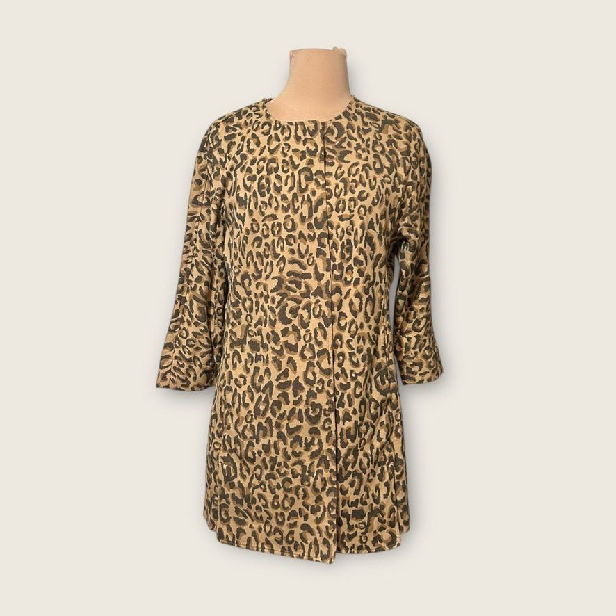 Anthropologie Leopard Coat Jacket Small Midi Twill 3/4 Sleeves Simple Coll Size S / US 4 / IT 40 - 3 Thumbnail