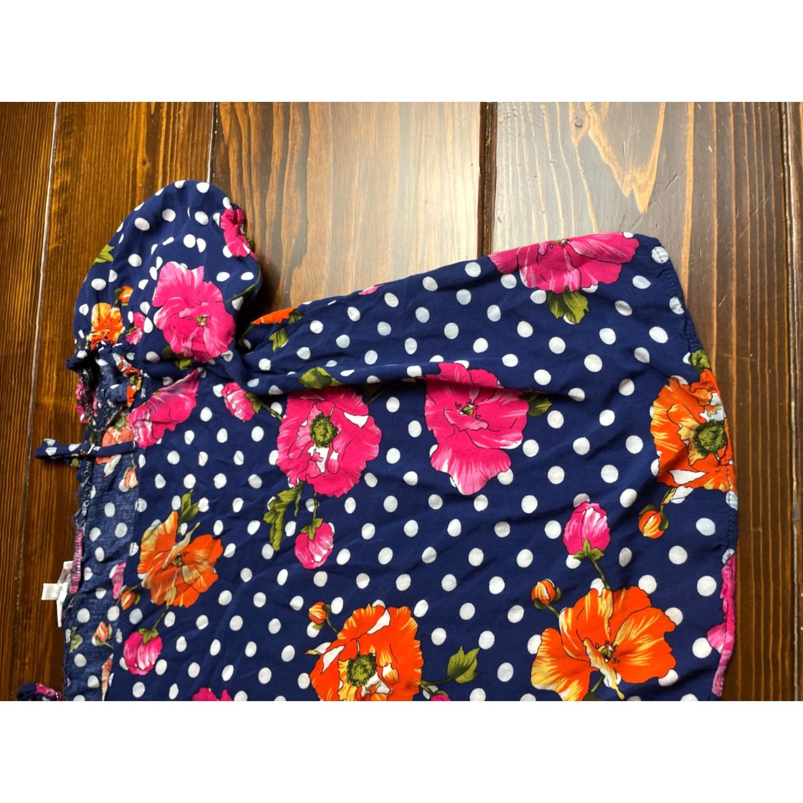 Paradise Paradis Miss Blouse Size L Blue Polka Dots Floral Puff Sleeve Strap Cropped Ladies Size L / US 10 / IT 46 - 4 Thumbnail