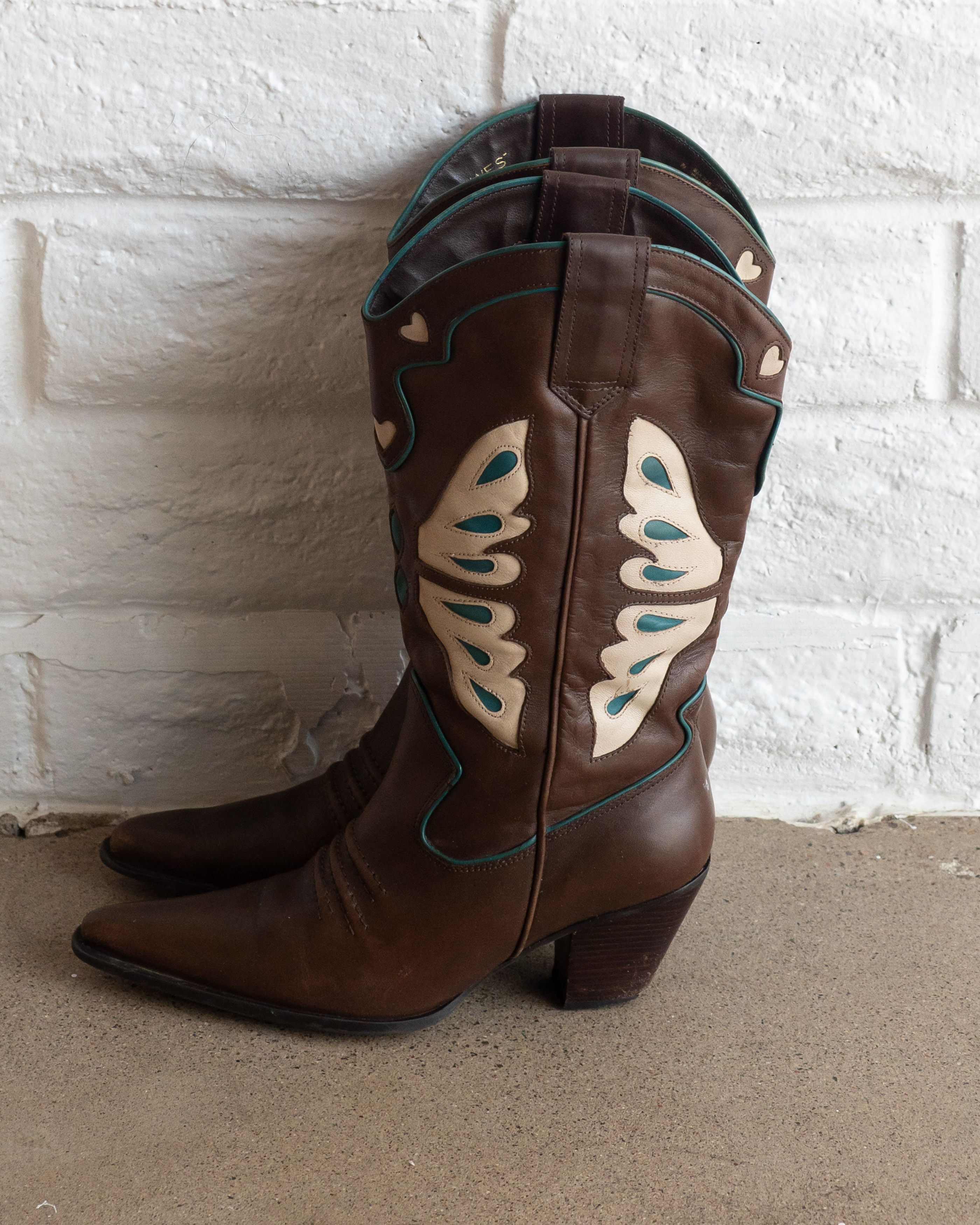 Vintage Nine West Brown Leather Cowboy Boots Butterfly