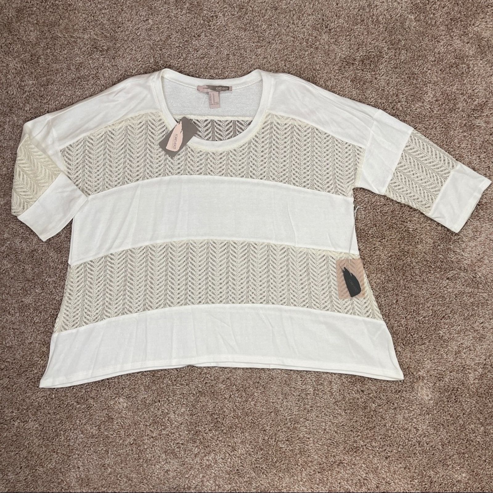 Forever 21 Cream Lace Panel Shirt Flowy Slouchy Boho 3/4 Sleeves NWT XS Size XS / US 0-2 / IT 36-38 - 14 Thumbnail