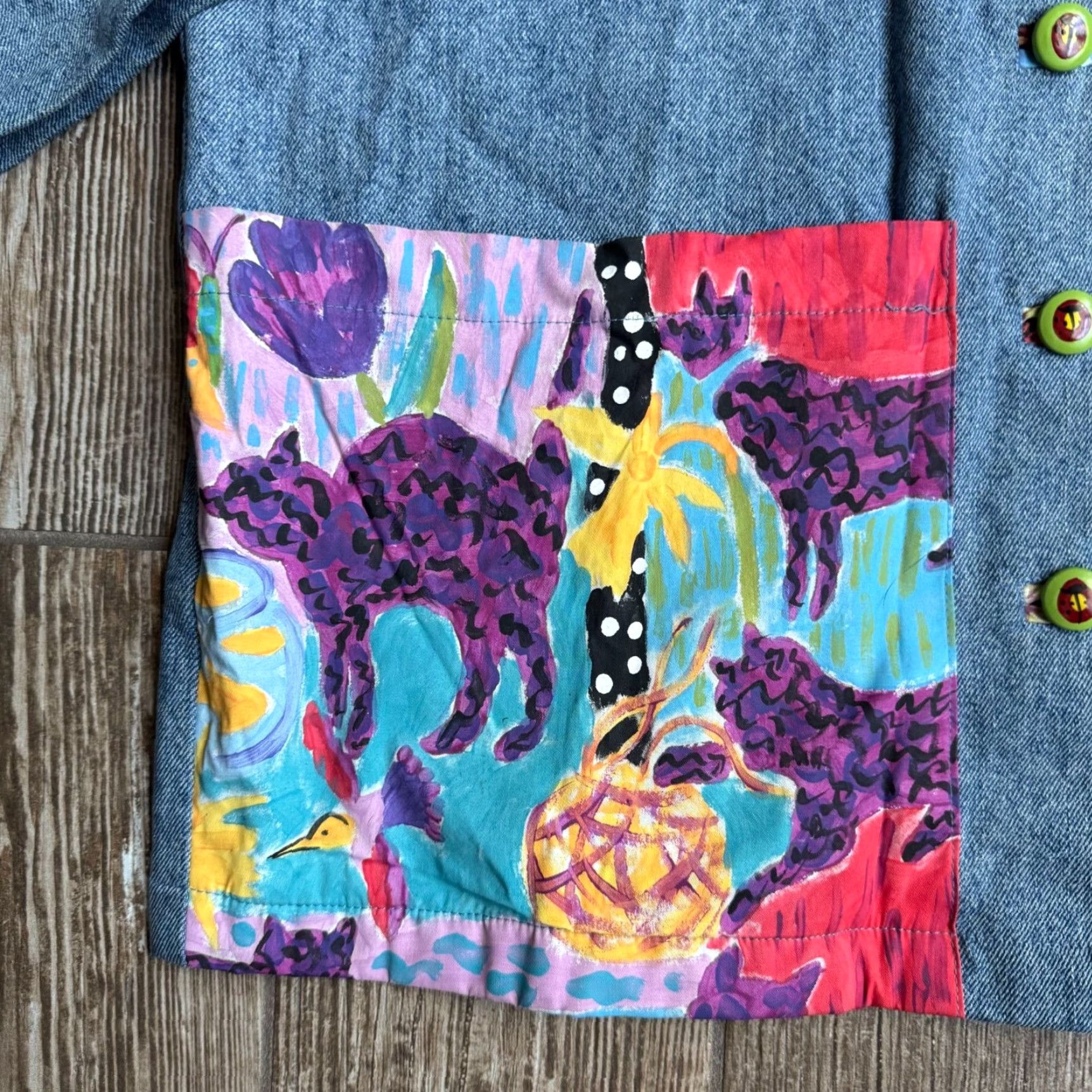 Vintage VINTAGE Silkscapes Jean Jacket Womens Handpainted Cat Oversized Art Patchwork Blue XL Casual Size 40" / US 18 - 5 Thumbnail