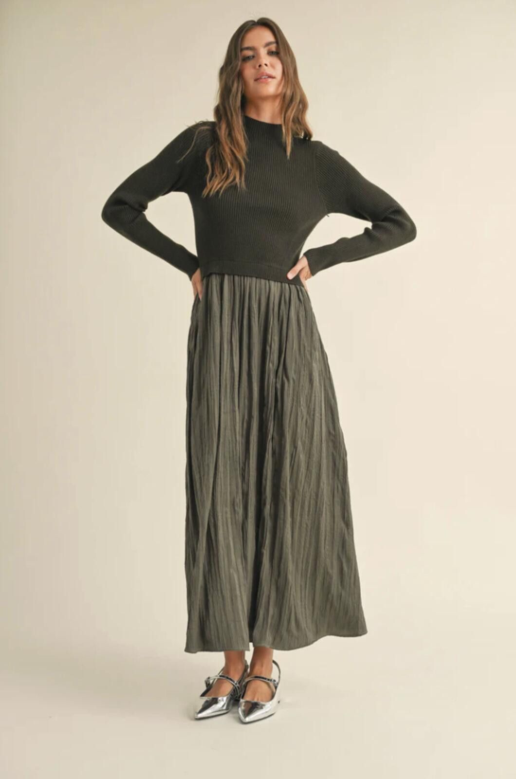 Other Miou Muse Green Sweater Combo Woven Maxi Dress, Medium Size M / US 6-8 / IT 42-44 - 1 Thumbnail