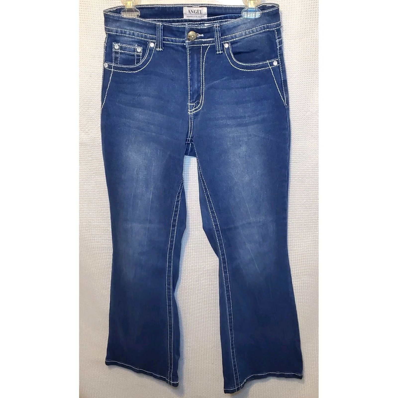 Vintage Vintage Y2K Angel Jeans Flare Dark Wash Bling Pockets Hippie Street 90s Size 28" / US 6 / IT 42 - 5 Thumbnail