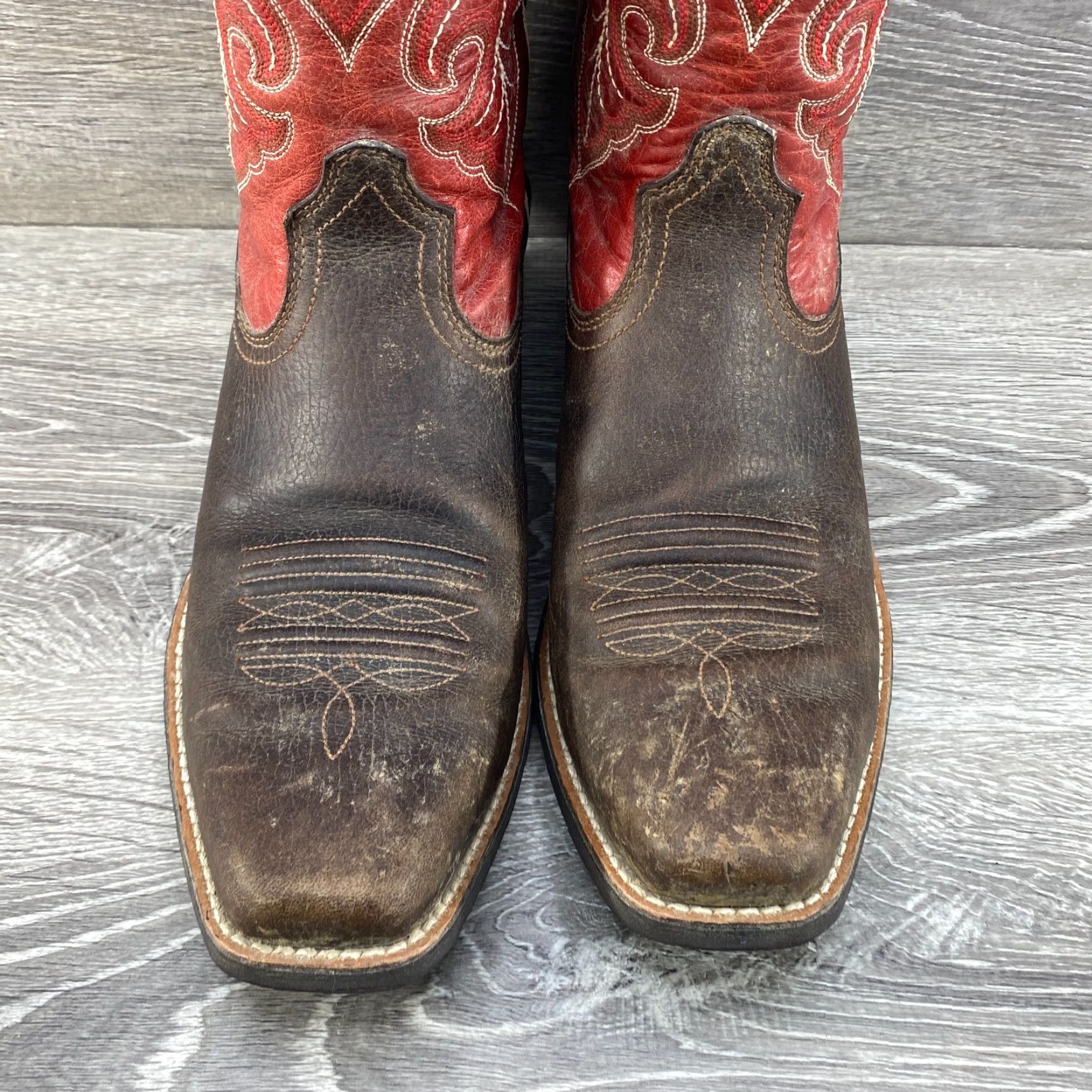 Ariat Ariat Ladies 9.5 B Cowboy Round Up Square Toe Brown & Red Leather Western Boots Size US 7 / IT 37 - 5 Thumbnail