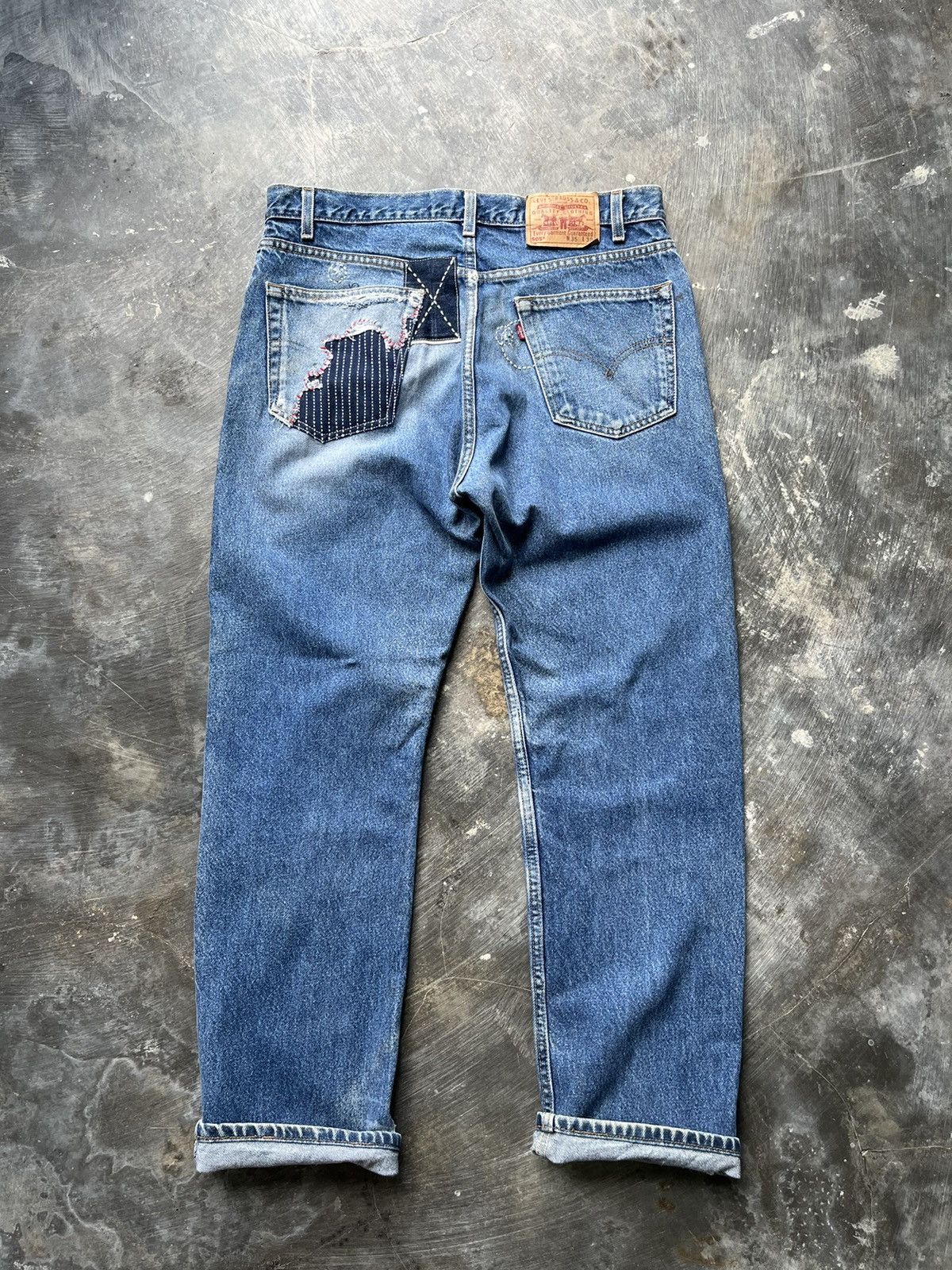 Levi's Vintage Clothing LEVIS 505 straight distressed patchwork jeans Size US 34 / EU 50 - 1 Thumbnail