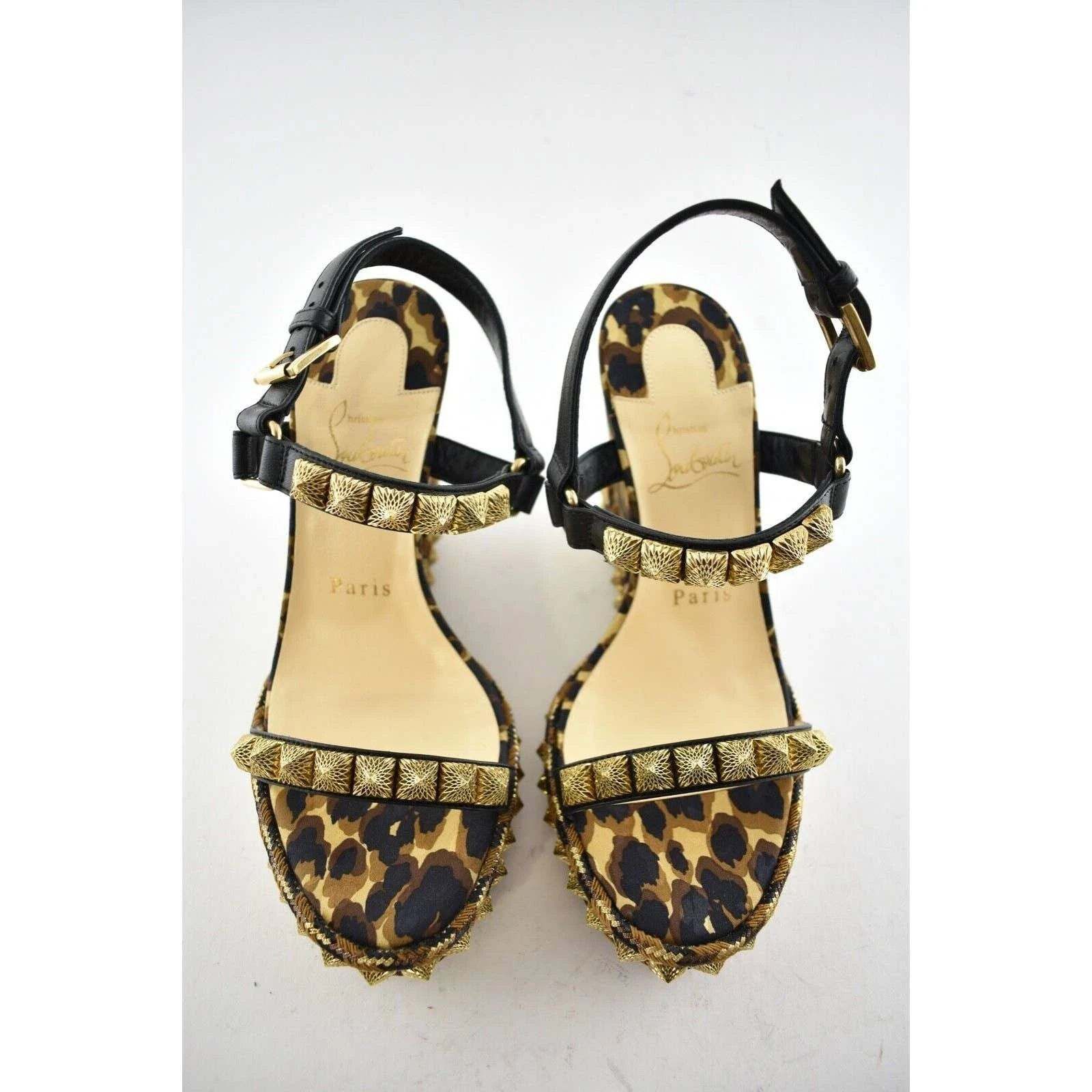 Christian Louboutin Pira Ryad 110 Black Leopard Platform Wedge Sandal Heel 37 Size US 7 / IT 37 - 7 Thumbnail