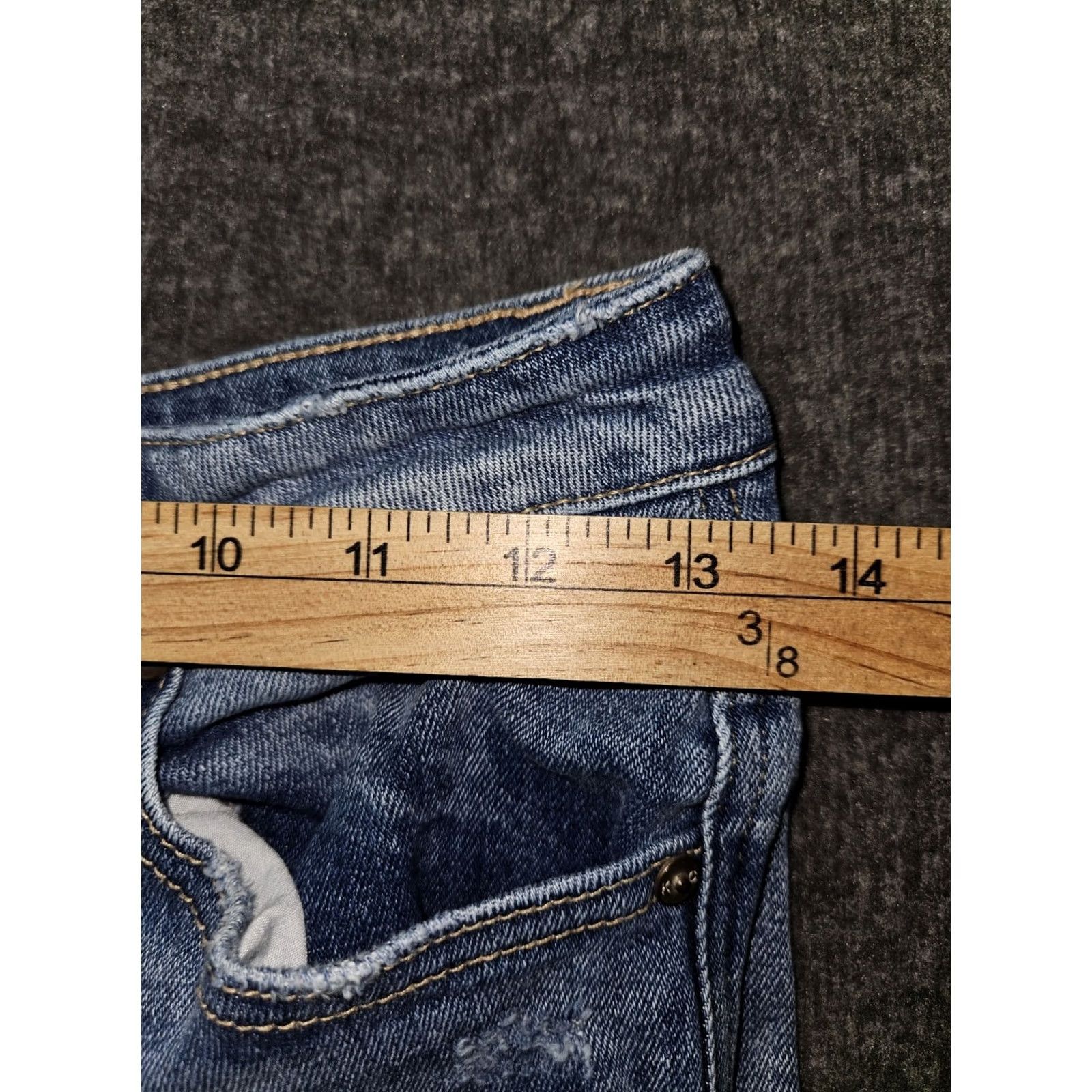 Vintage Kancan High Waist Flare Jeans Women's 1/24 Blue Stretch Distressed 5-Pocket Logo Zipper Button Hippie Bohemian 90s Juniors Womens 33in Inseam Size 25" / US 0 / IT 36 - 4 Thumbnail