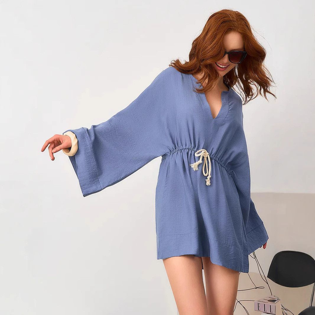 Other Solid Color Loose V-neck Long-sleeved Shirt Dress Size L / US 10 / IT 46 - 2 Thumbnail