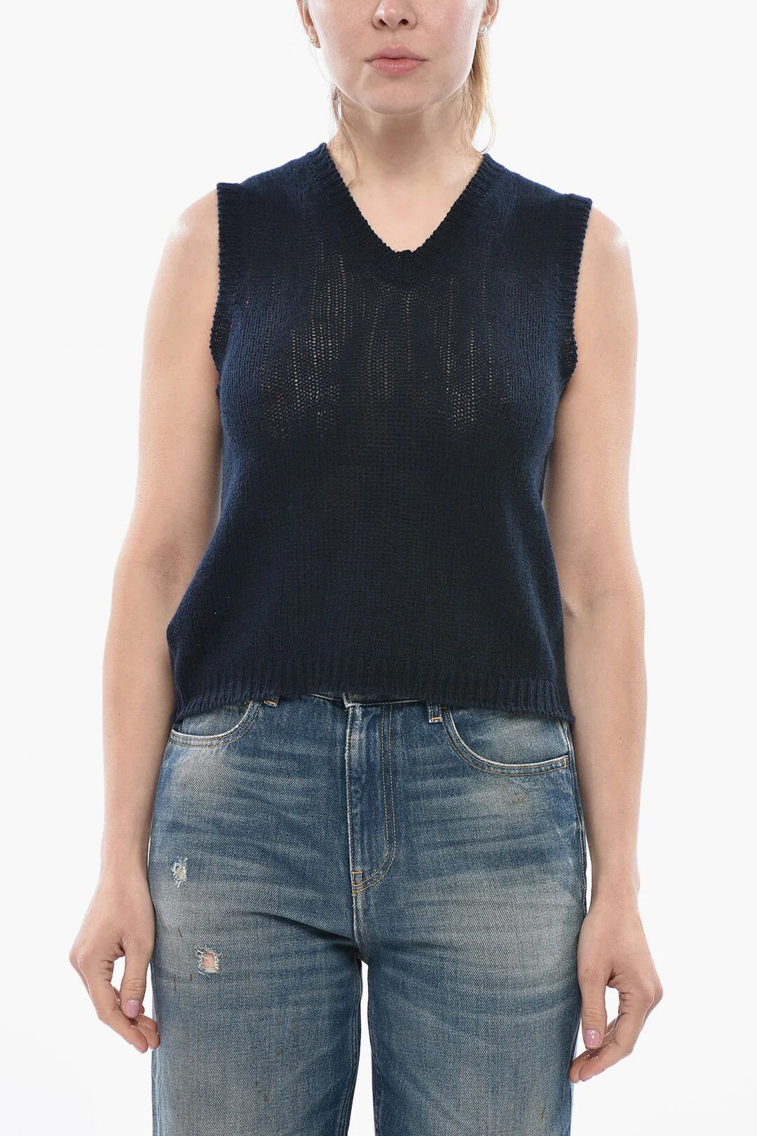 Prada og1mm0426 V-neck Cashmere Vest in Blue Size S / US 4 / IT 40 - 1 Thumbnail