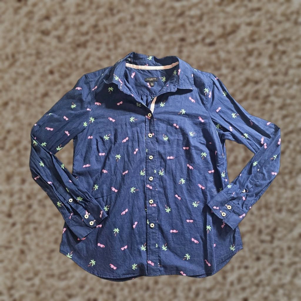 Talbots Talbots Blouse Shirt Womens Petite Small Blue Palms Tree Vacation Beach Button Collared Knit 100% Cotton Casual Basic Classic Size S / US 4 / IT 40 - 1 Thumbnail