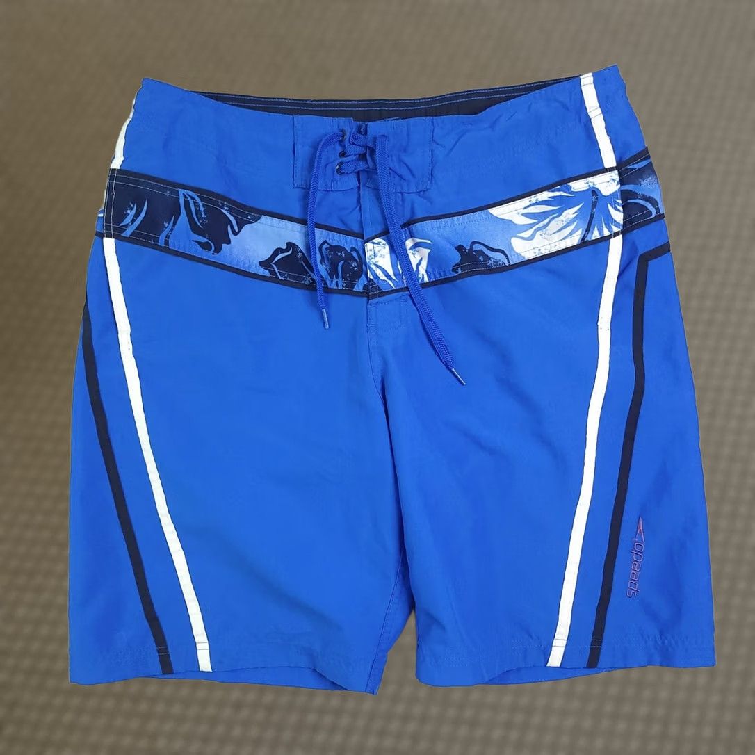 Speedo Speedo Swim Trunks Mens Medium Blue Hawaiian Print Draw String Pockets Polyester 90s Vintage? No, Floral Bottoms Shirt? Size ONE SIZE - 1 Thumbnail