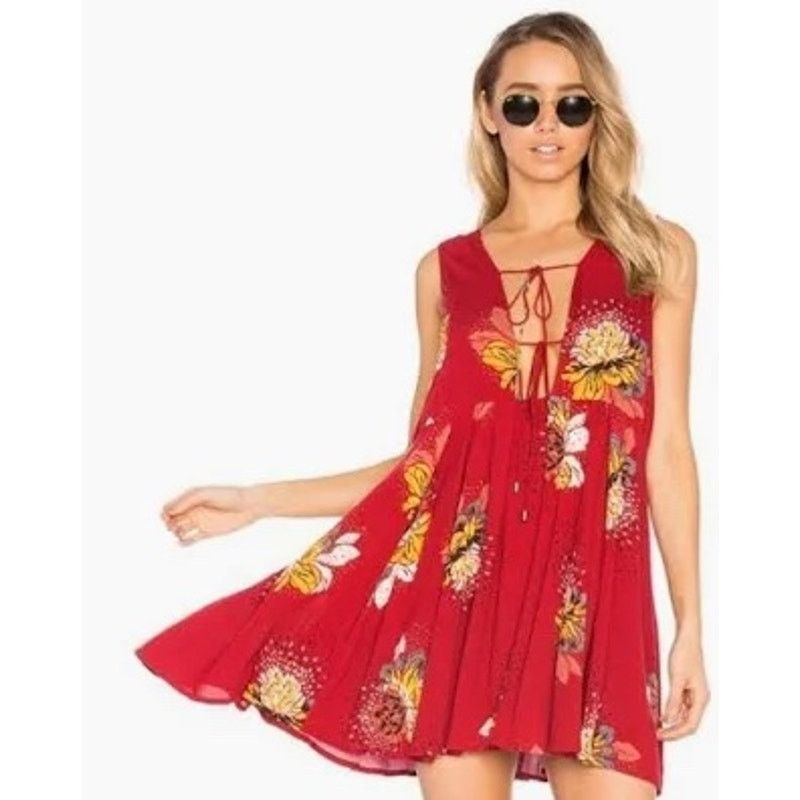 Free People 🍒 Free People "Lovely Day" Floral Mini Red Combo - Small Size S / US 4 / IT 40 - 1 Thumbnail