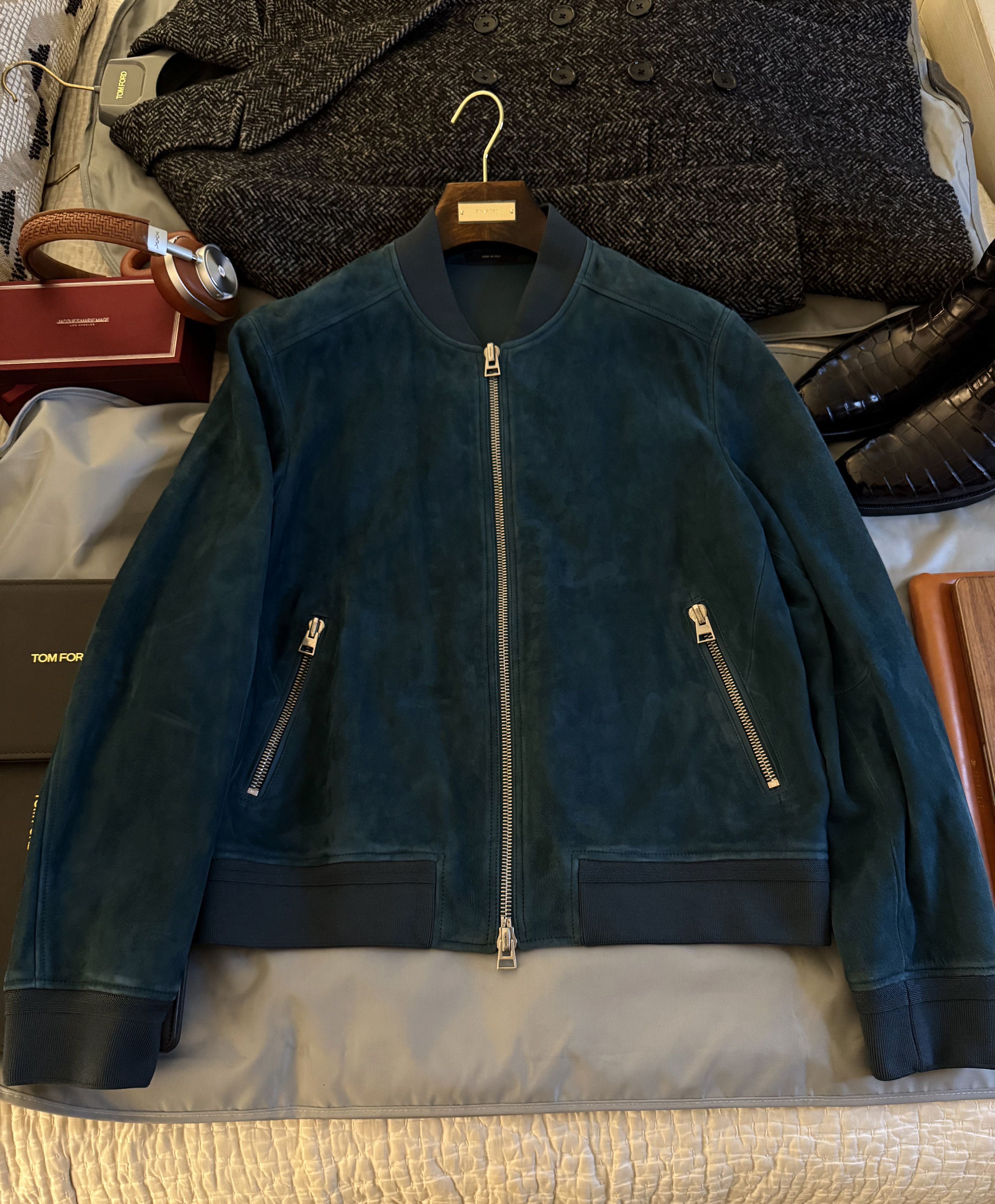 Tom Ford Coveted Rare $7,600 w/tax Cerulean Suede Bomber Jacket Size US XL / EU 56 / 4 - 18 Thumbnail