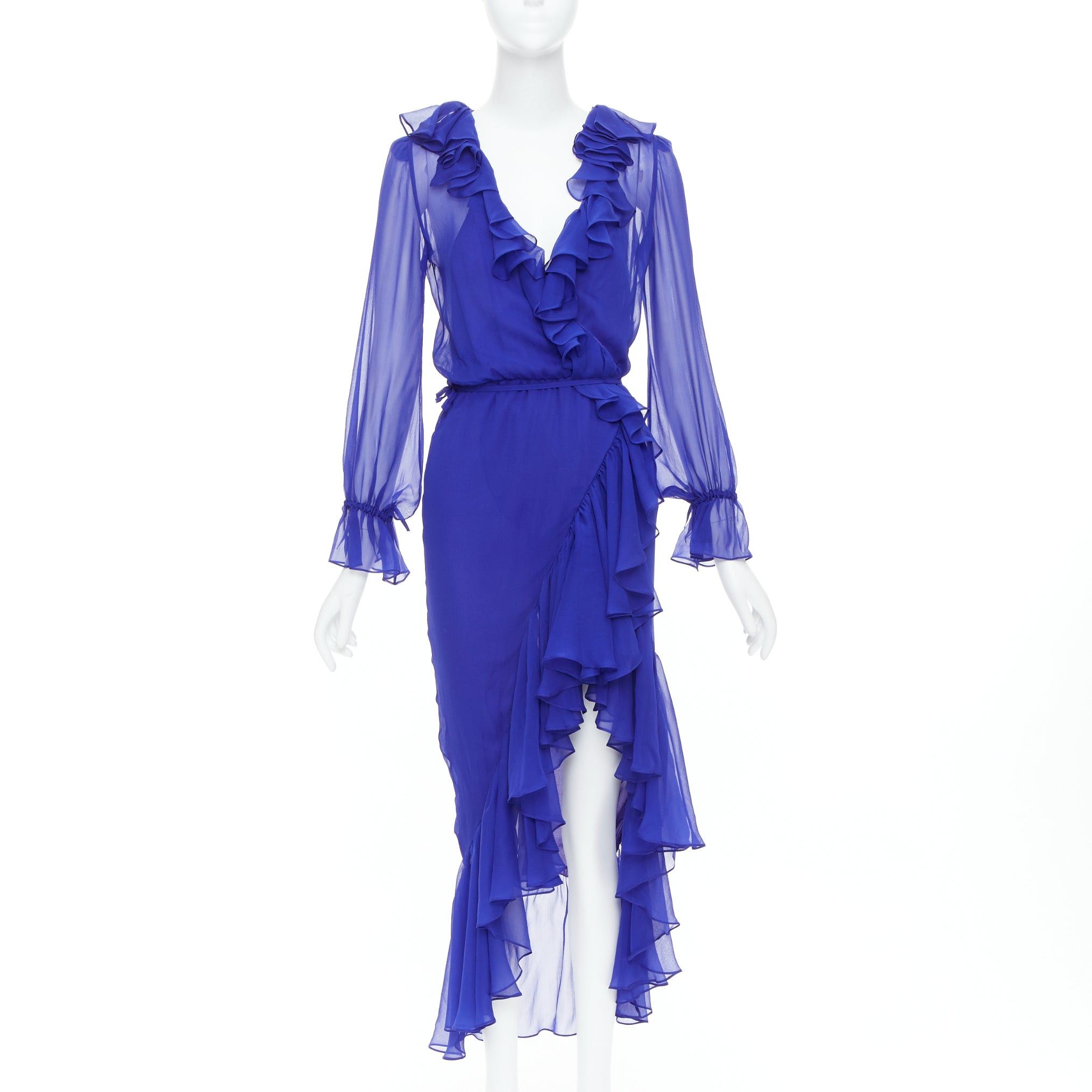 SAINT LAURENT 2020 Runway Majorelle Blue silk ruffle wrap dress FR38 S