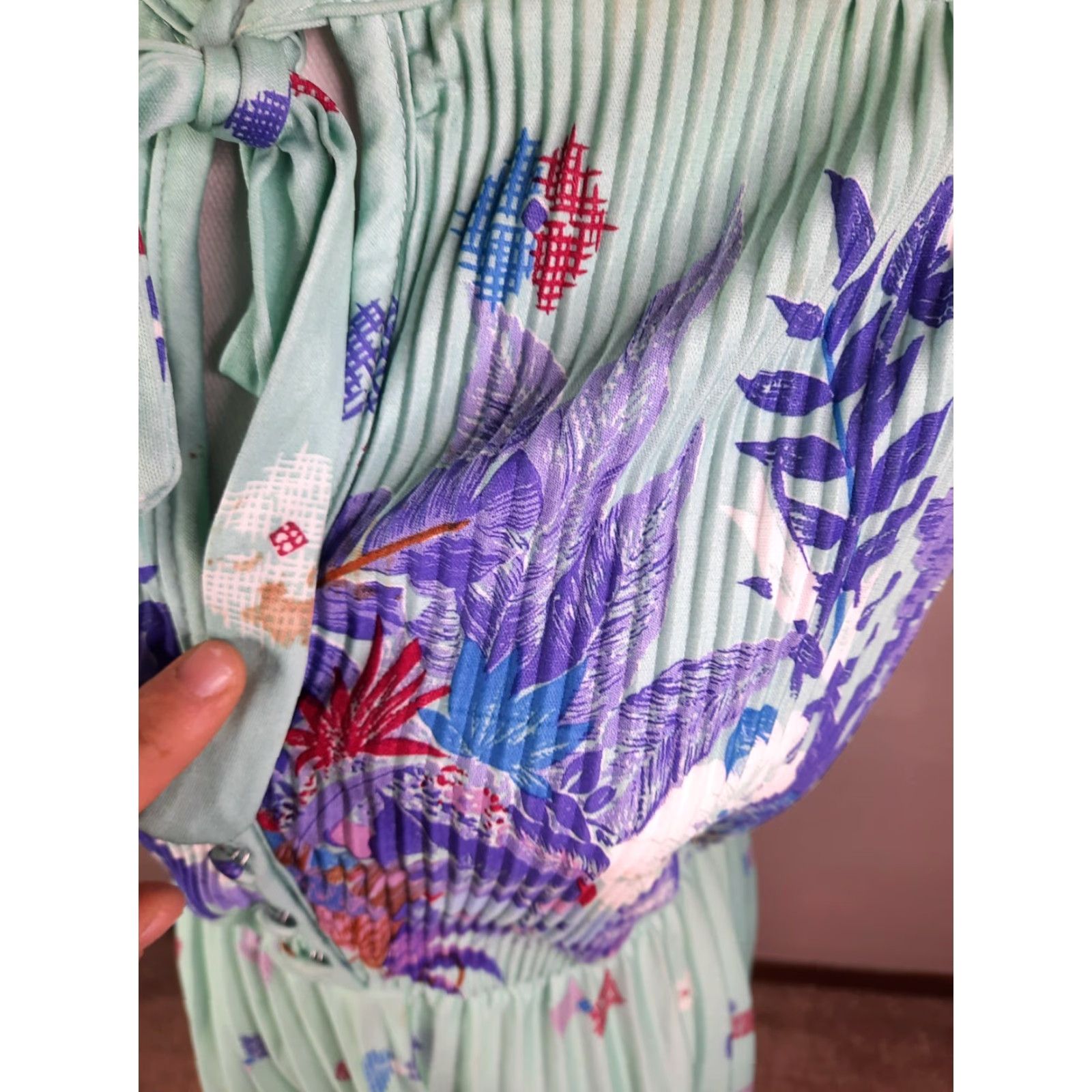 Altea Vintage Teal Mod Dress A-Line Hawaiian Floral M As Is - 60s 70s, Long Sleeve, Round Neck, Polyester, Knee Length, Casual Womens Vintage 60s 70s Size M / US 6-8 / IT 42-44 - 5 Thumbnail