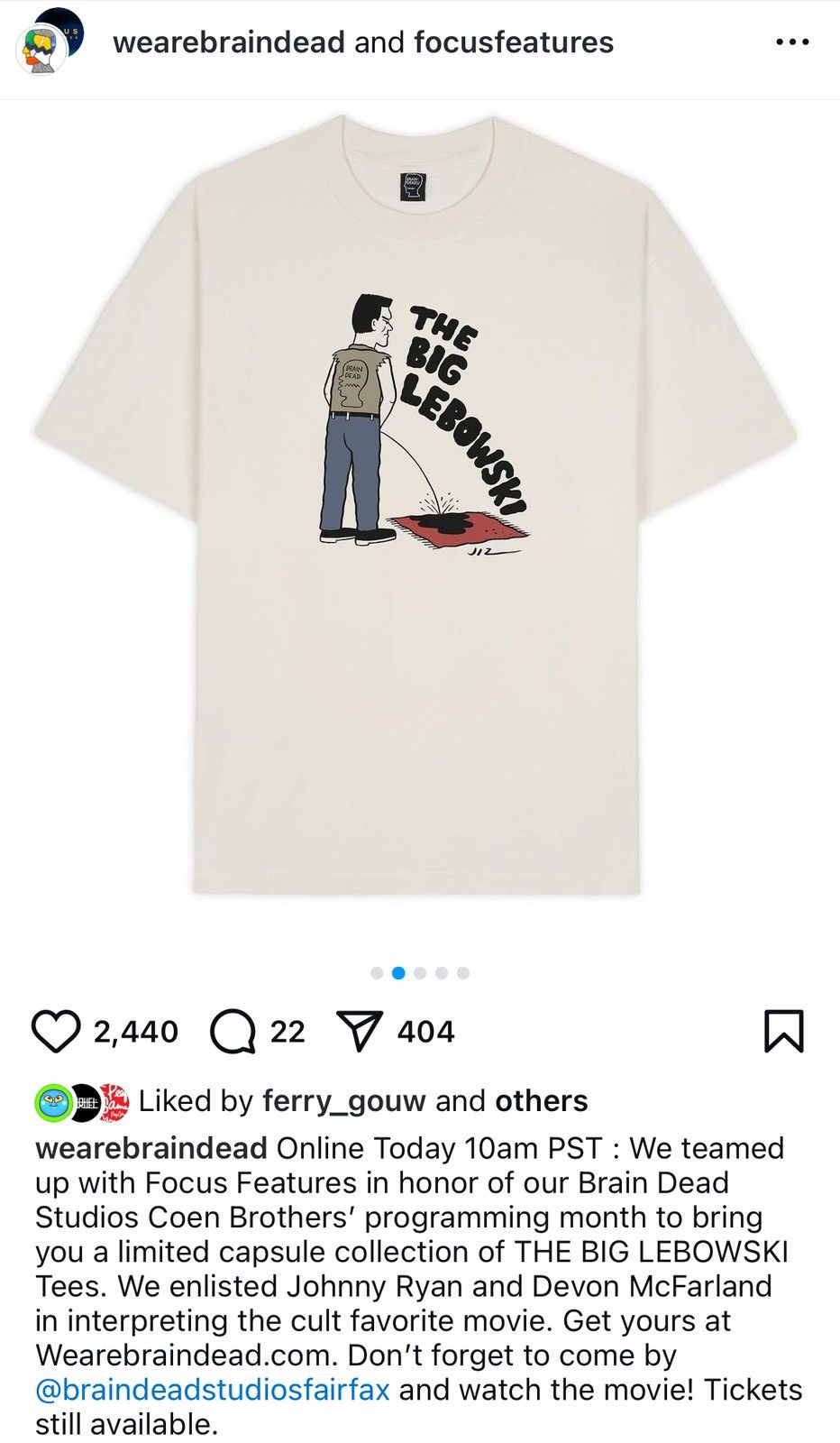 Brain Dead THE BiG LEBOWSKi BATHROOM BREAK TEE RUG PiSS COEN BROTHERS Size US L / EU 52-54 / 3 - 2 Thumbnail