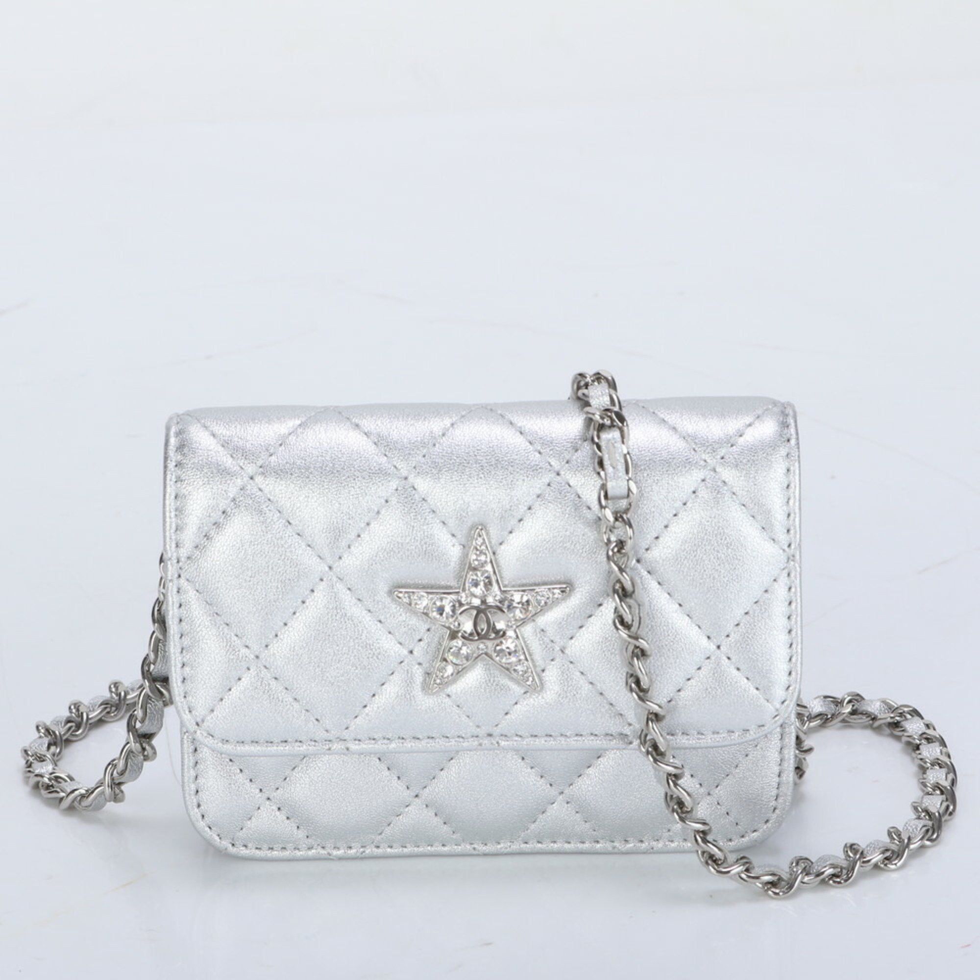 Chanel Serial Number Seal Attached Matelasse Star Chain Lamb Leather Shoulder Bag Ladies in Silver, Women's