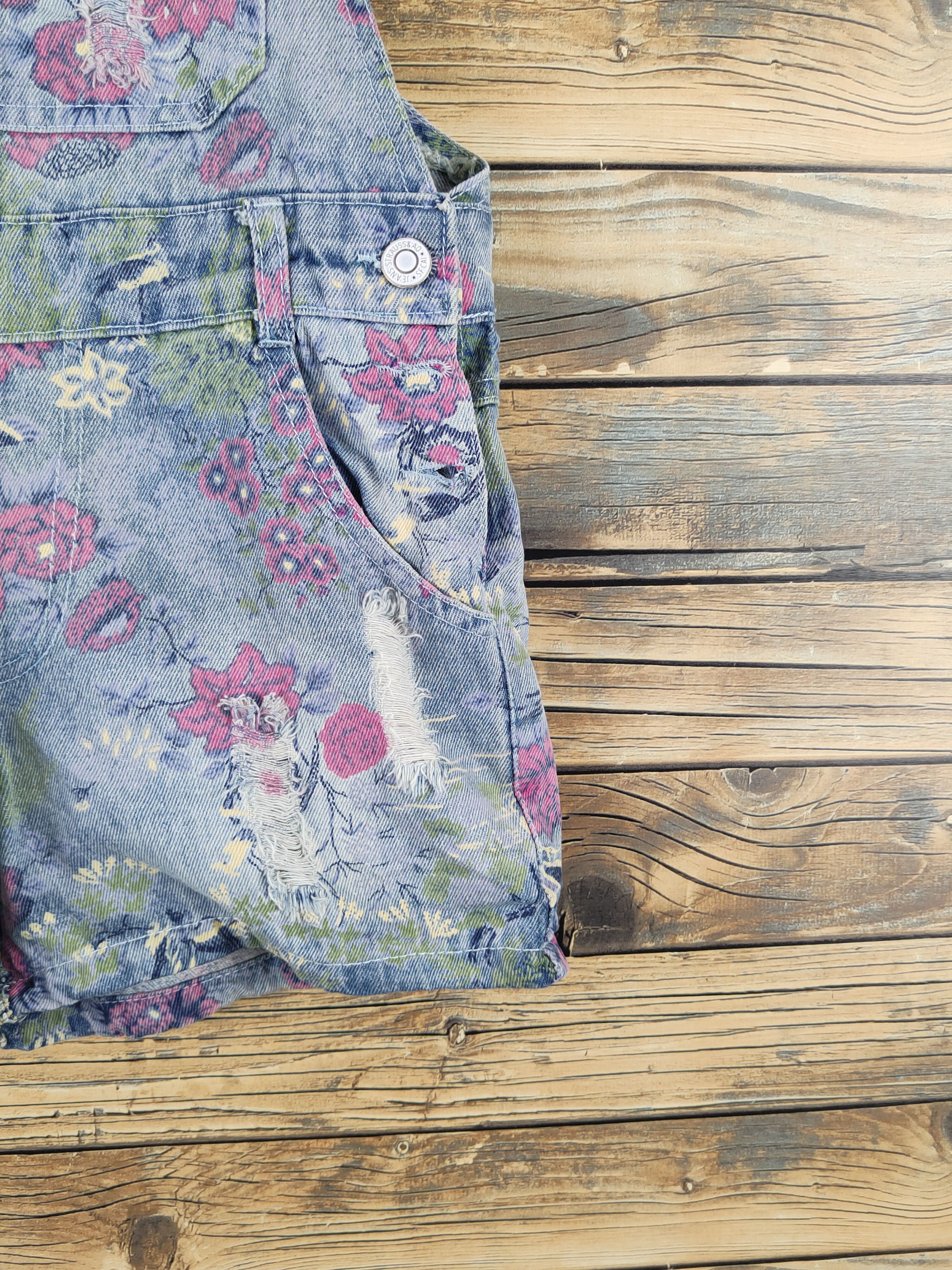 Other Japanese Brand Blue Pink Flowers Denim Shortall Jumpsuits Size 28" / US 6 / IT 42 - 8 Thumbnail