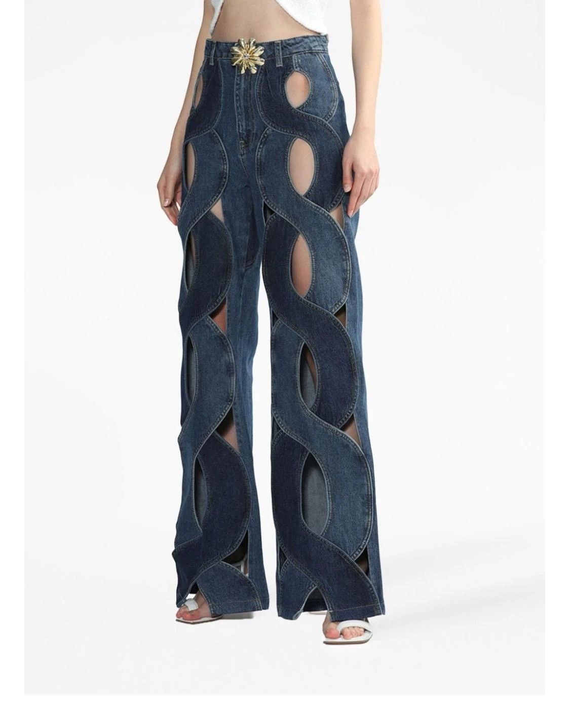 Fashion High Waist Cross Contrast Color Hollow Out Jeans