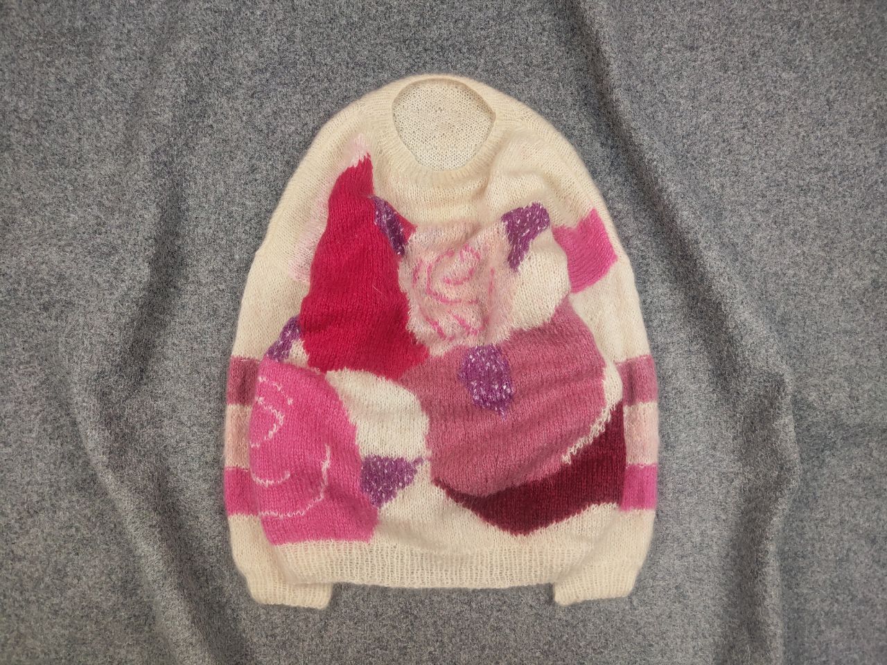 Japanese Brand Vintage 80's Hand knitted Design Mohair Pink Beige Sweater Size XL / US 12-14 / IT 48-50 - 1 Thumbnail