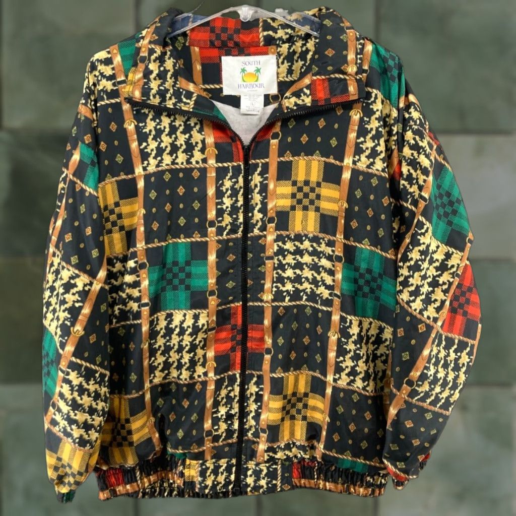 South Harbour Windbreaker Jacket Mens L Vintage Full Zip Multicolor 80s 90s Geometric Pattern Fall Spring Winter Nylon Blend Softshell