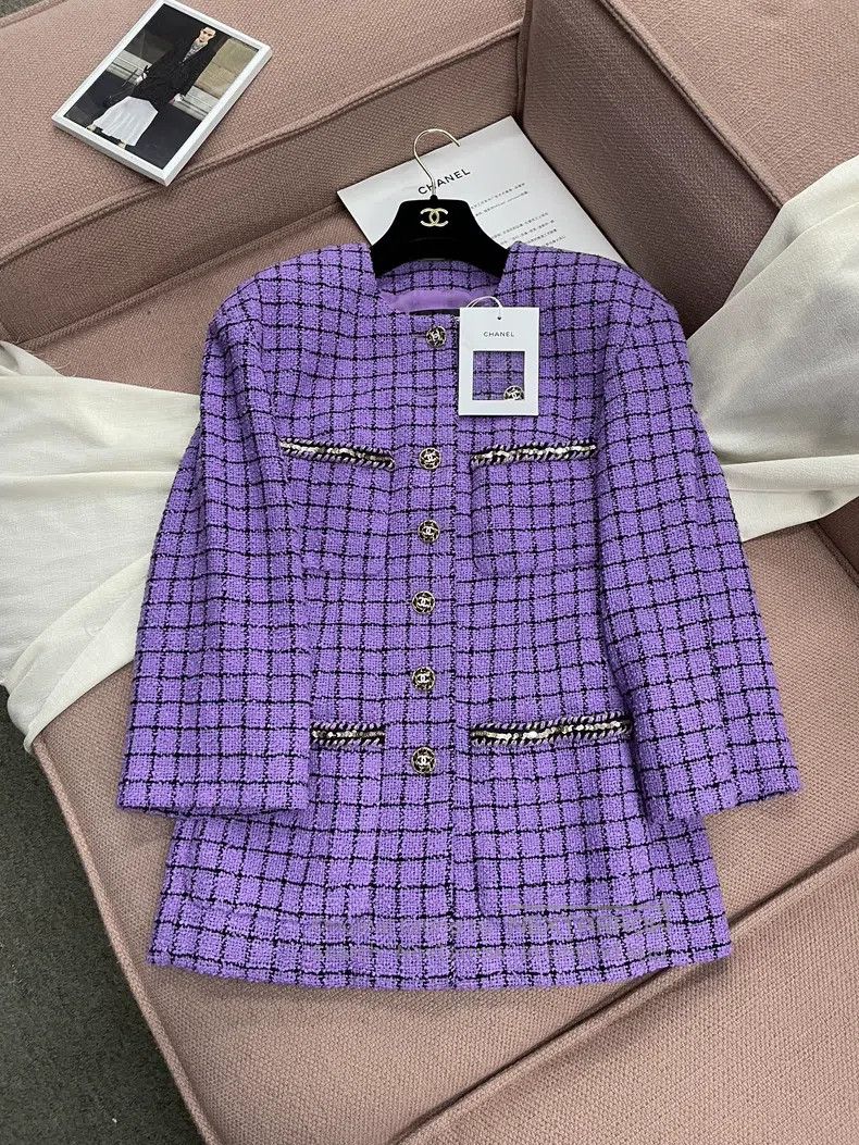 Chanel Purple plaid four-pocket woven sequin jacket