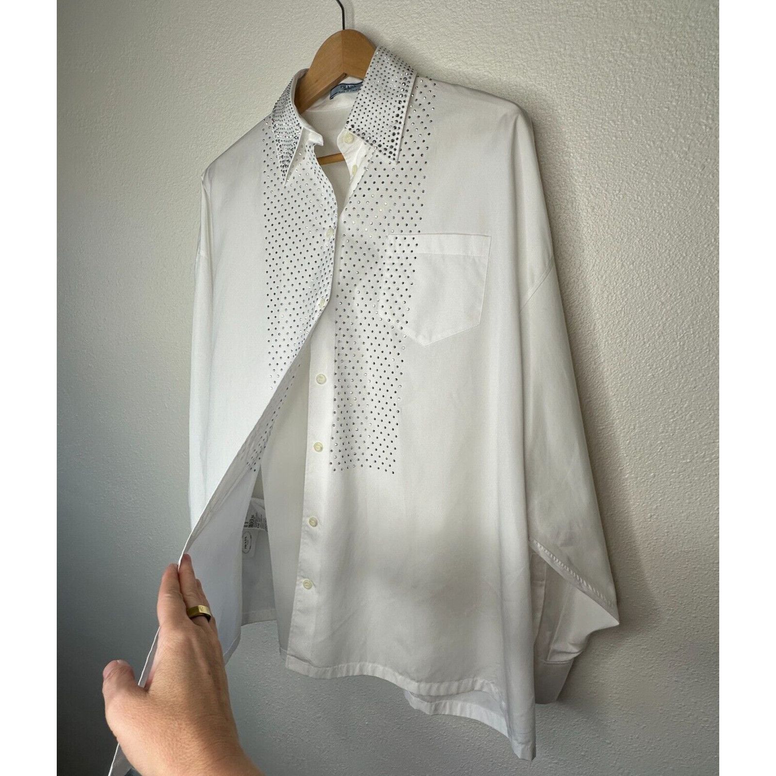 Prada Prada White Button Rhinestone Encrusted Collar & Front Shirt Size L / US 10 / IT 46 - 4 Thumbnail