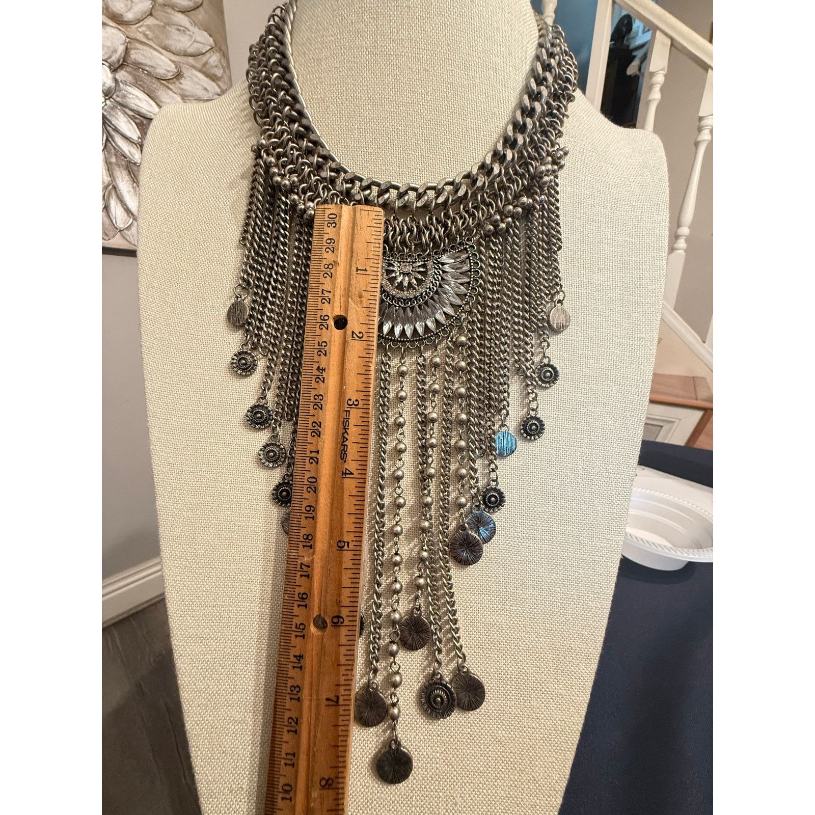 Other Vintage Runway Statement Necklace Silver Tone Fringe 17” Size ONE SIZE - 3 Thumbnail