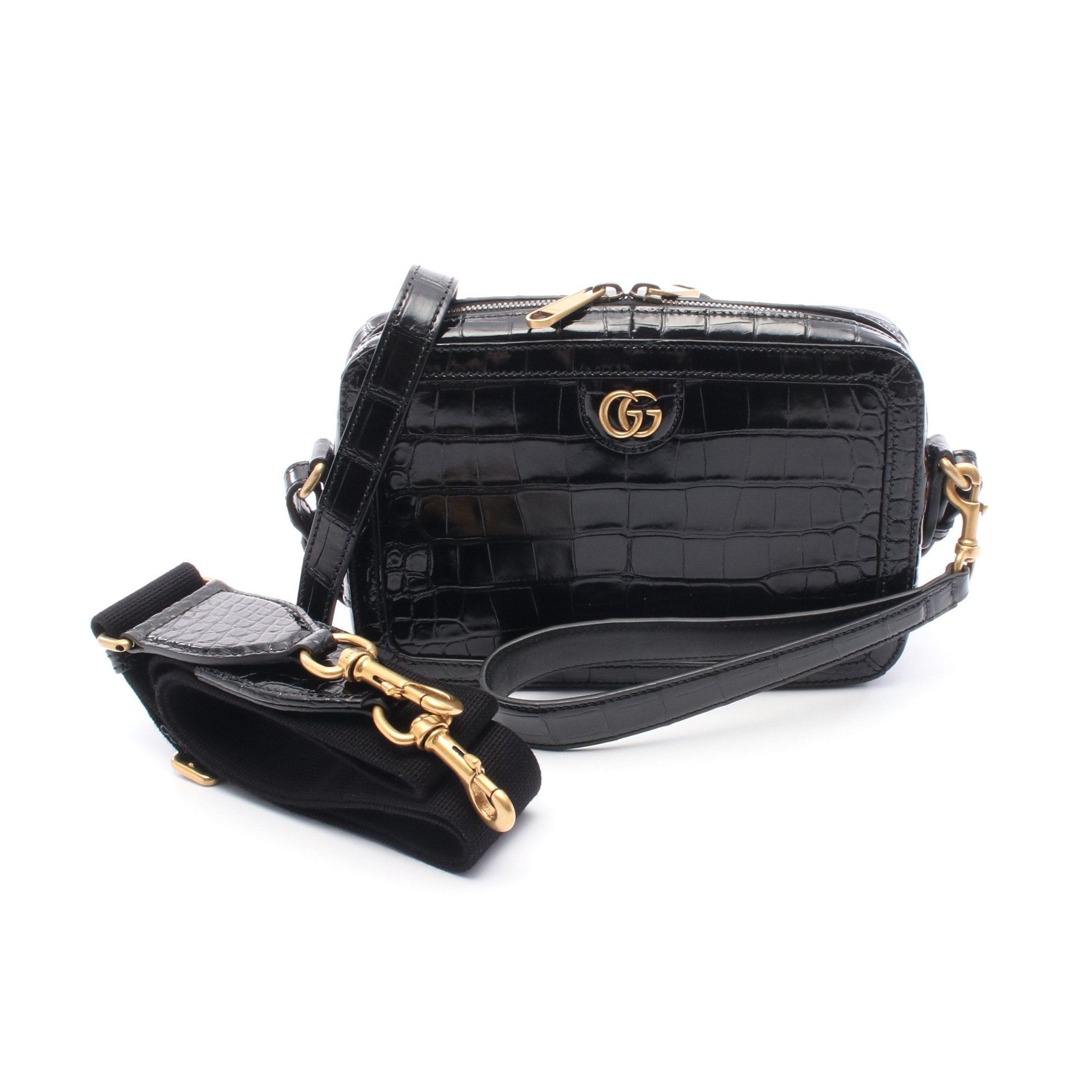Gucci GG Marmont Shoulder Bag Leather Black Croc Embossed, Women's