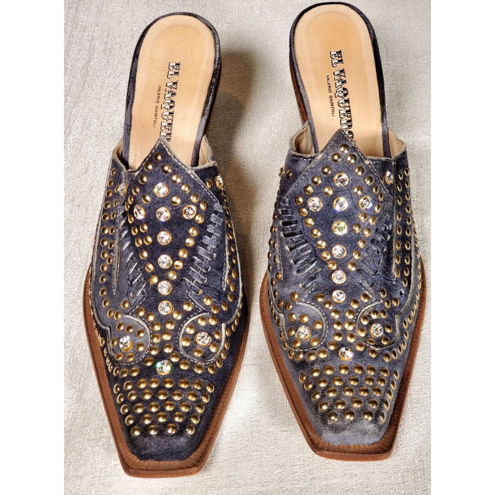 Vintage El Vaquero Mule Women Suede Graphite Swarovski Crystals Studs Block Heel US 7.5 EU 38 Size US 6 / IT 36 - 3 Thumbnail