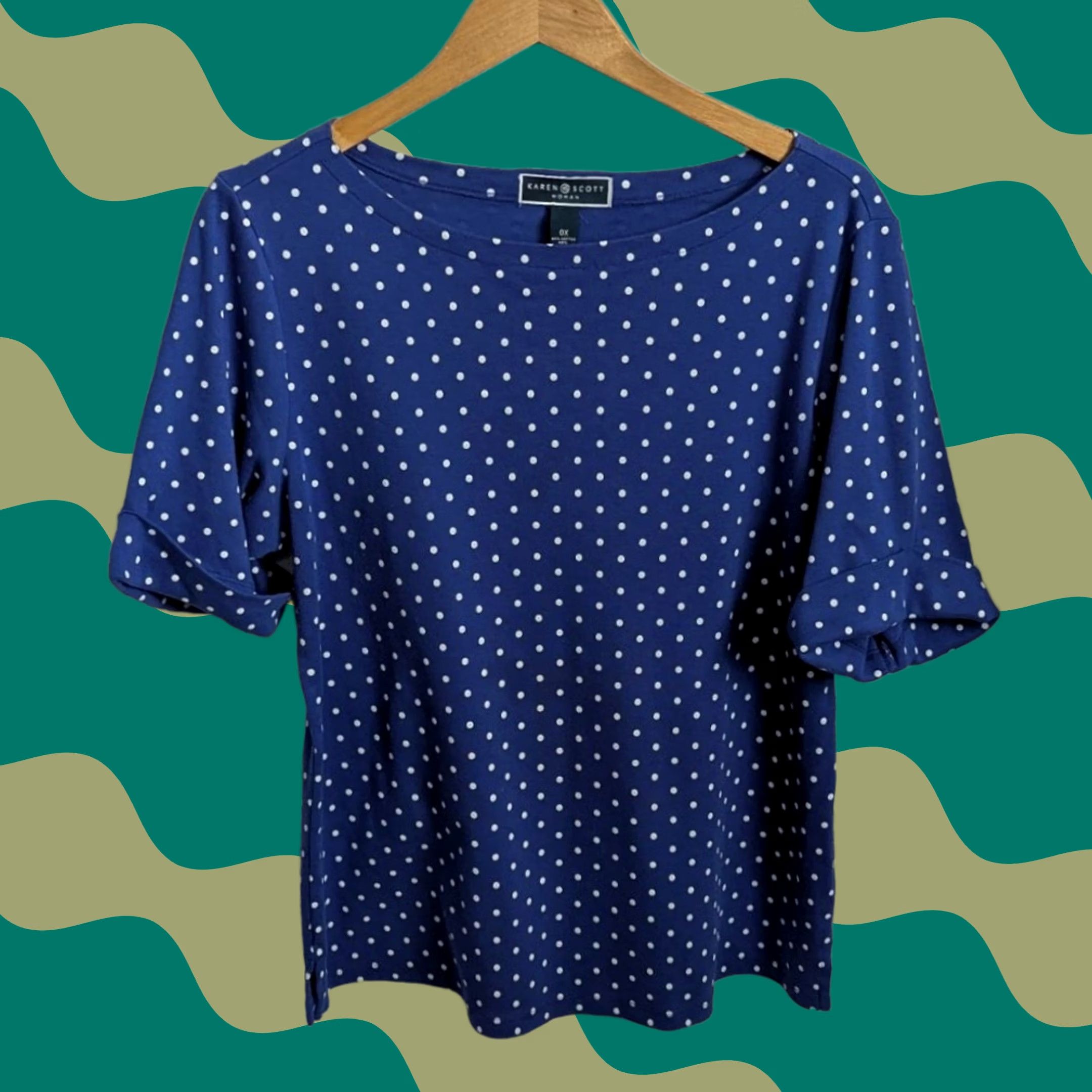 Vintage Karen Scott Cobalt Blue White Polka Dot Short Sleeve Top 0X Plus Size Nautical Shirt Womens Size XL / US 12-14 / IT 48-50 - 1 Thumbnail