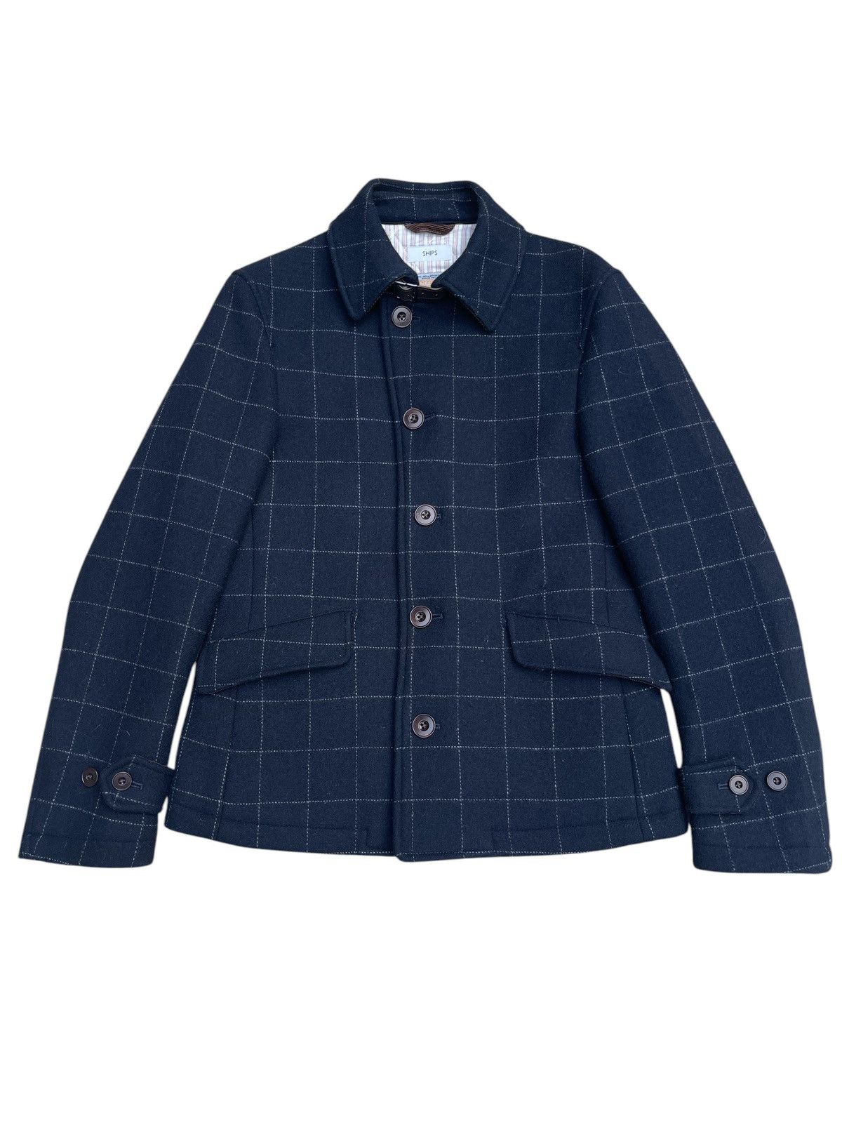 Ships Jet Blue SHIPS Japan Wool Windowpane Check Jacket Corduroy Collar Size US M / EU 48-50 / 2 - 1 Thumbnail