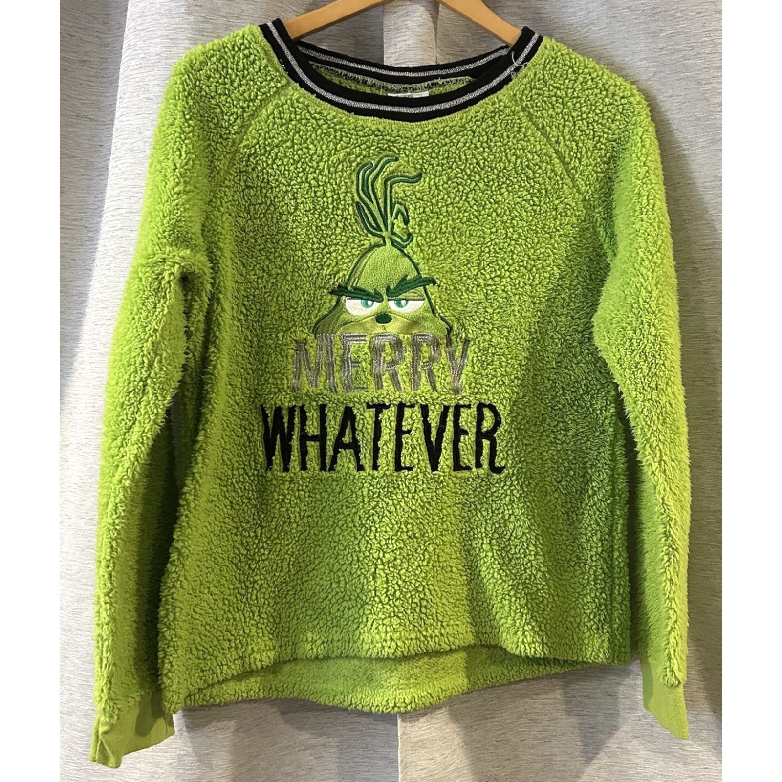 Vintage Sherpa The Grinch Dr Seuss Embroidered Fleece Christmas Sweater Pullover Large Green Unisex Adults Size L / US 10 / IT 46 - 2 Thumbnail