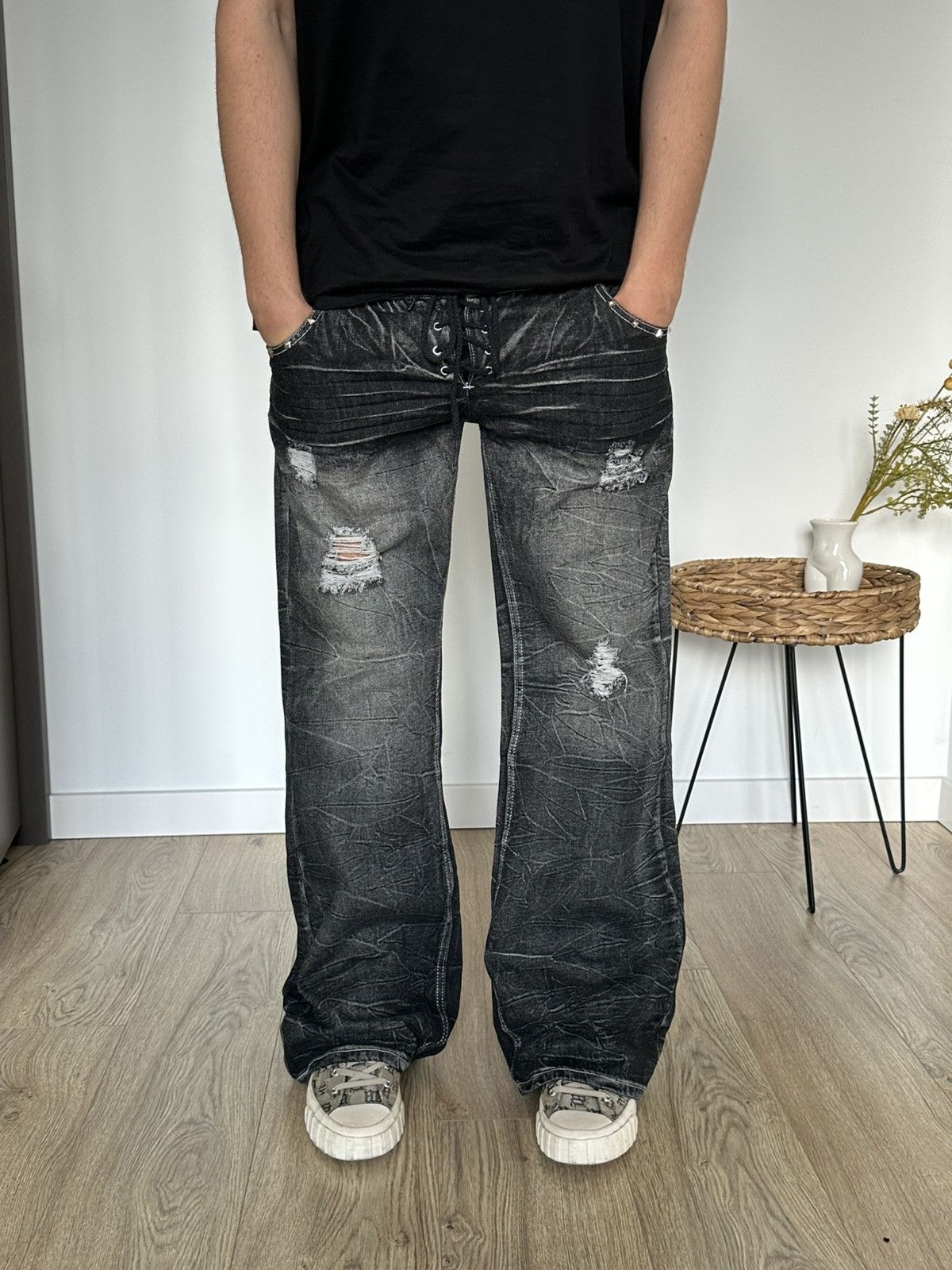 Jean Washed Black Design Vintage Style Distressed Hole Jeans Y2k Size US 30 / EU 46 - 1 Thumbnail