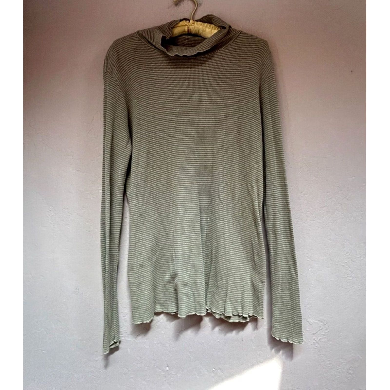 Vintage Cut Loose Women's Turtleneck Top Long Sleeve Waffle Knit T-Shirt Green Medium Size M / US 6-8 / IT 42-44 - 2 Thumbnail