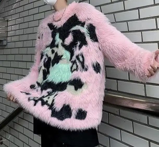 image of Cardigan x Coloured Cable Knit Sweater Gothic Knitted Sweaters in Pink, Men's (Size XL)