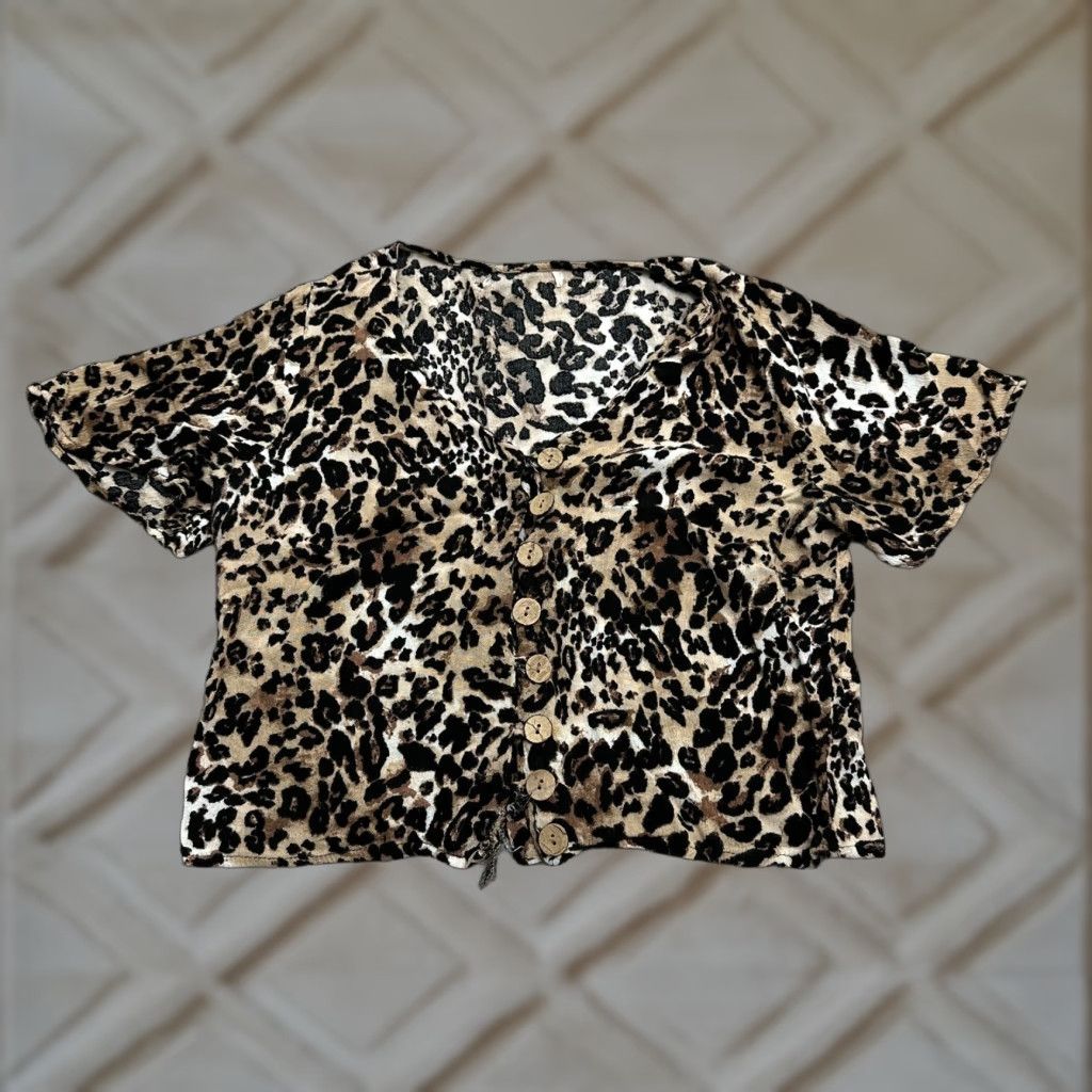 Vintage Unbranded Leopard Cropped Top Womens Small Brown Black Button Down Short Sleeve Size S / US 4 / IT 40 - 1 Thumbnail