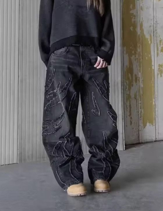 Designer × Japanese Brand × Vintage Retro Raw Edge Embroidery Baggy Jeans Size US 32 / EU 48 - 7 Thumbnail