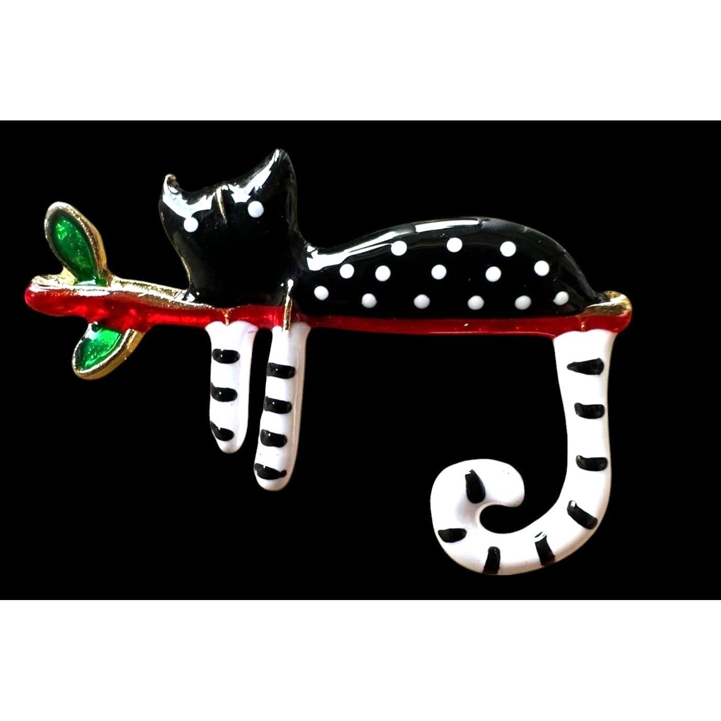 Handmade Folk Art Spotted Cat on Branch Pin Brooch Whimsical New Kitt Size ONE SIZE - 3 Thumbnail