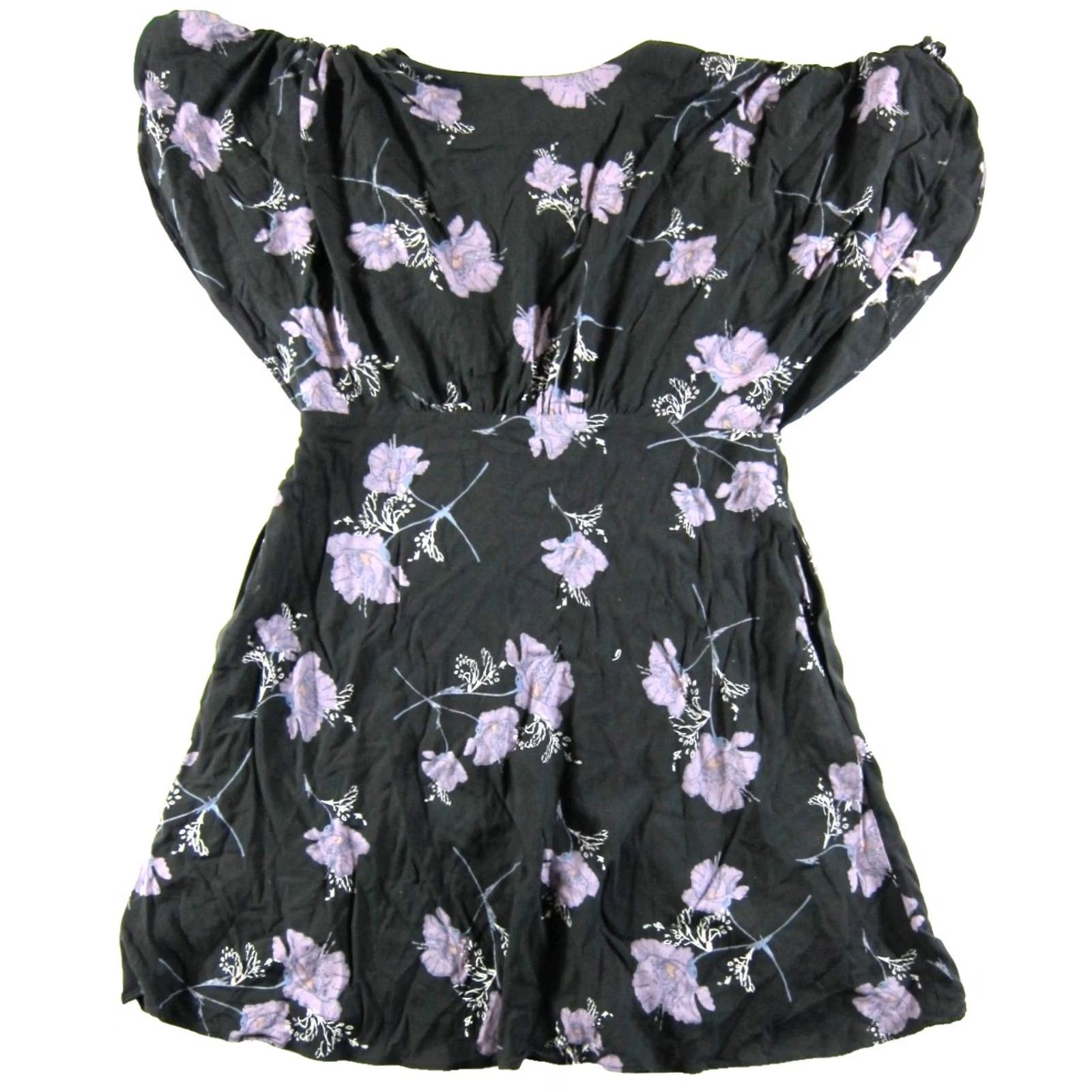 Free People Free People Rayon Black Blue Purple V-Neck Short Sleeve Pocket Smock Dress 12 Size 34" / US 12 / IT 48 - 2 Thumbnail