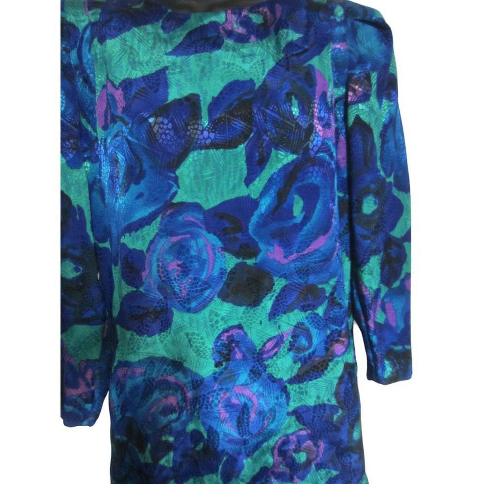 Vintage Vintage 80s Metallic Floral Party Dress Blue Green 8 Size M / US 6-8 / IT 42-44 - 3 Thumbnail