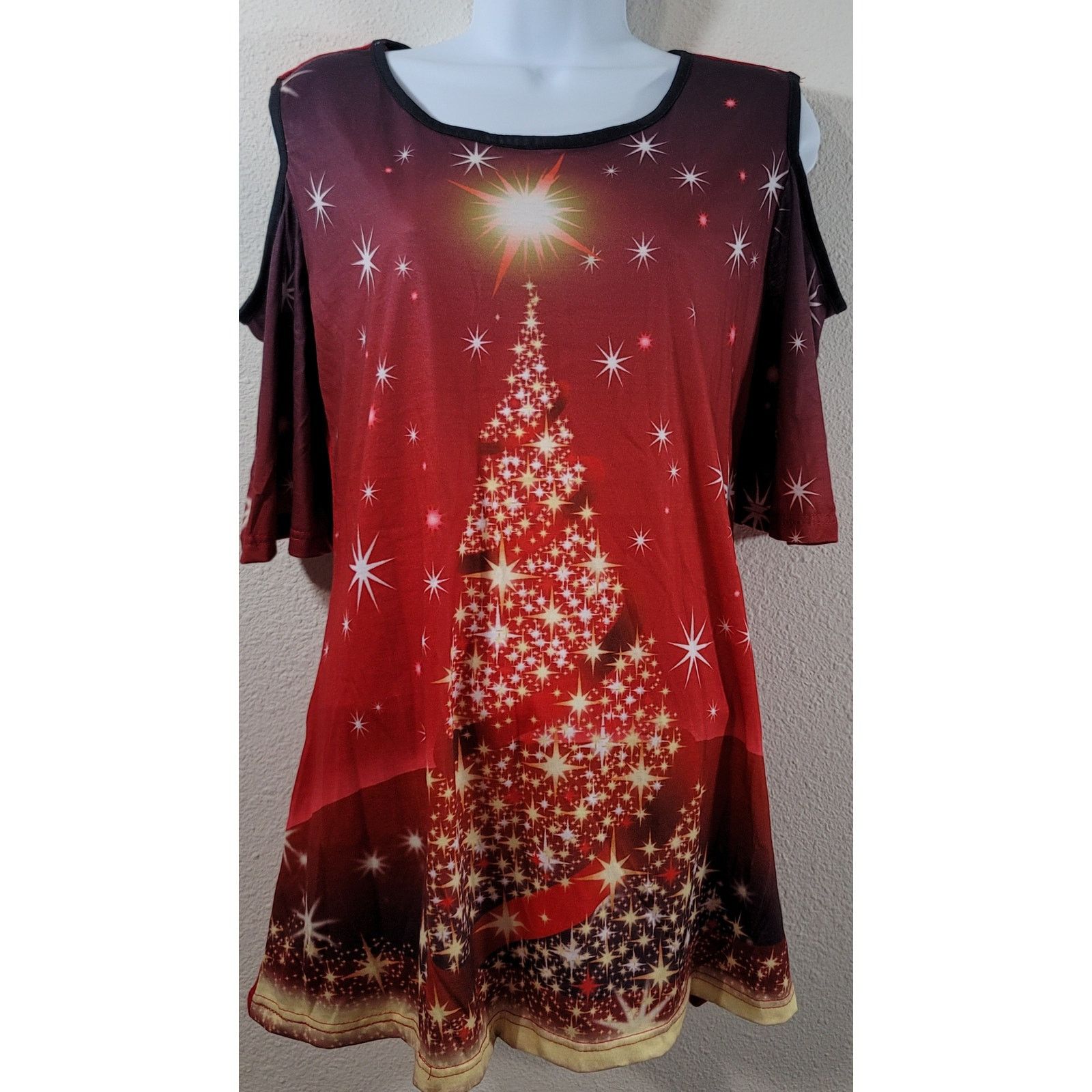 Other Christmas Tree With Stars Printed Cold Shoulder Top Large Size L / US 10 / IT 46 - 1 Thumbnail